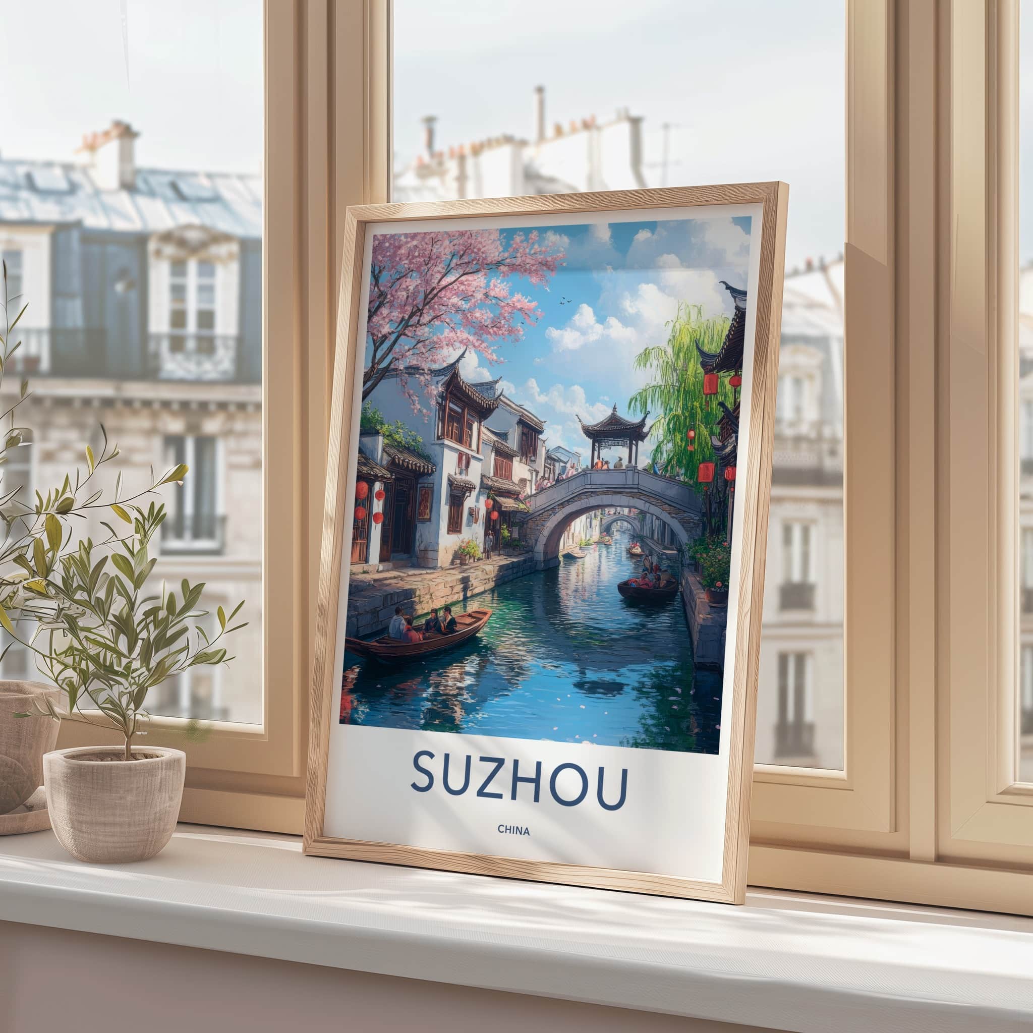 Suzhou Poster - China Travel Print - Cherry Blossom Canal Home Decor