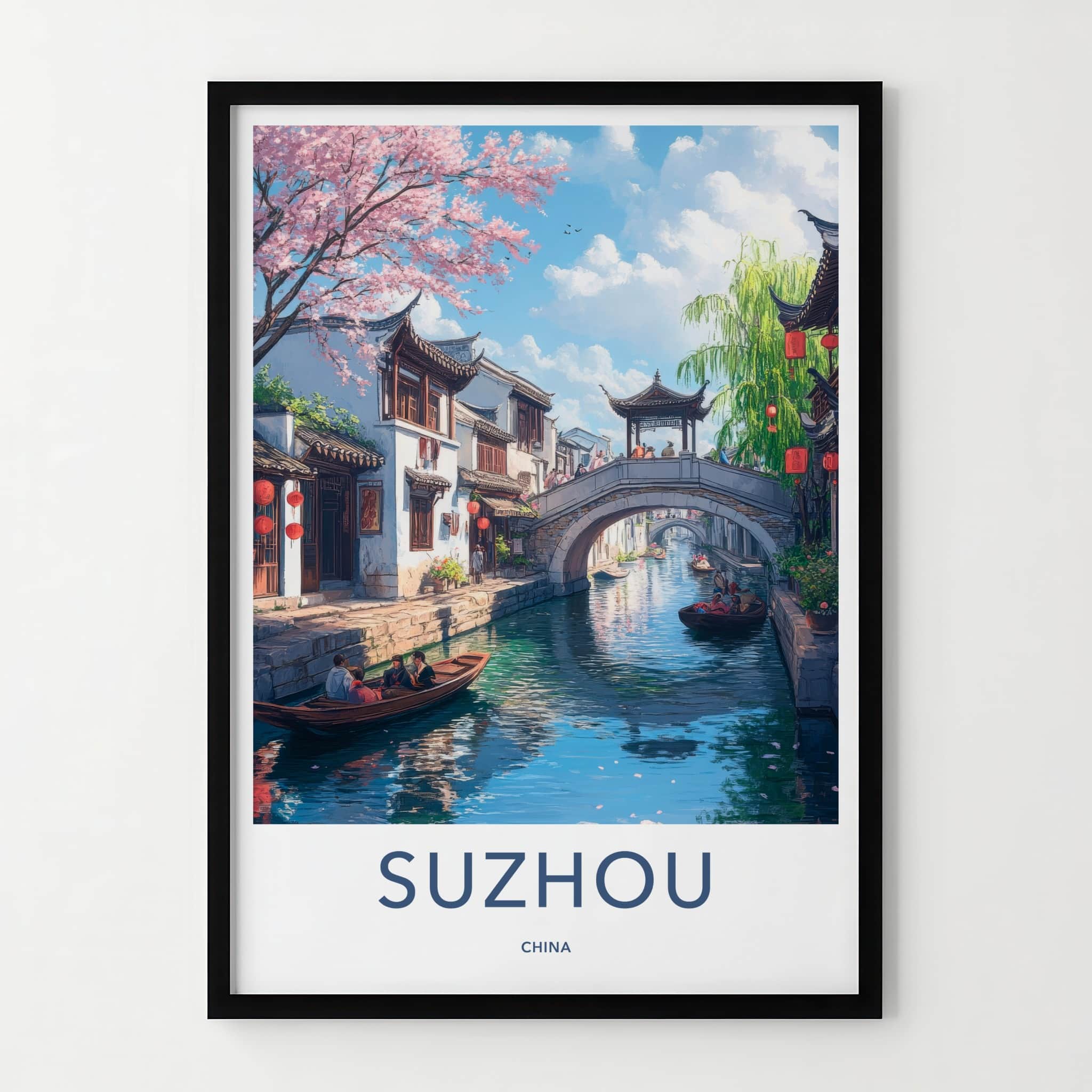 Suzhou Poster - China Travel Print - Cherry Blossom Canal Home Decor