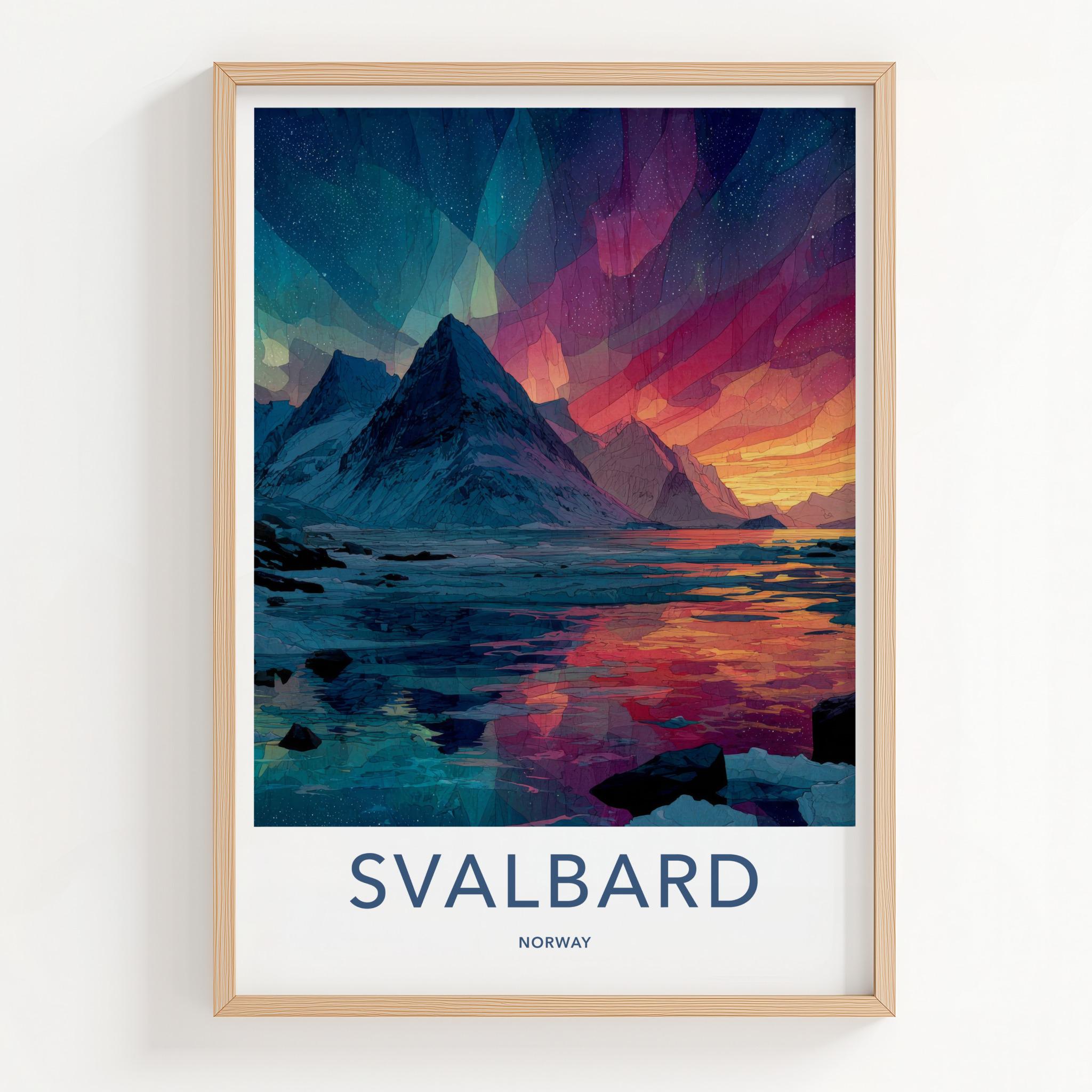 Svalbard Poster - Norway Travel Art - Vibrant Aurora Mountains Home Decor