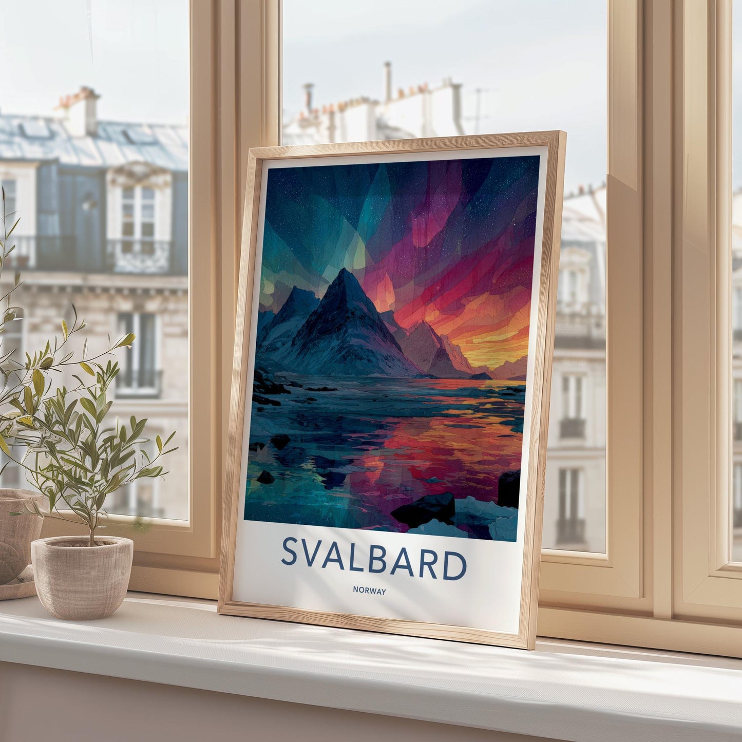 Svalbard Poster - Norway Travel Art - Vibrant Aurora Mountains Home Decor