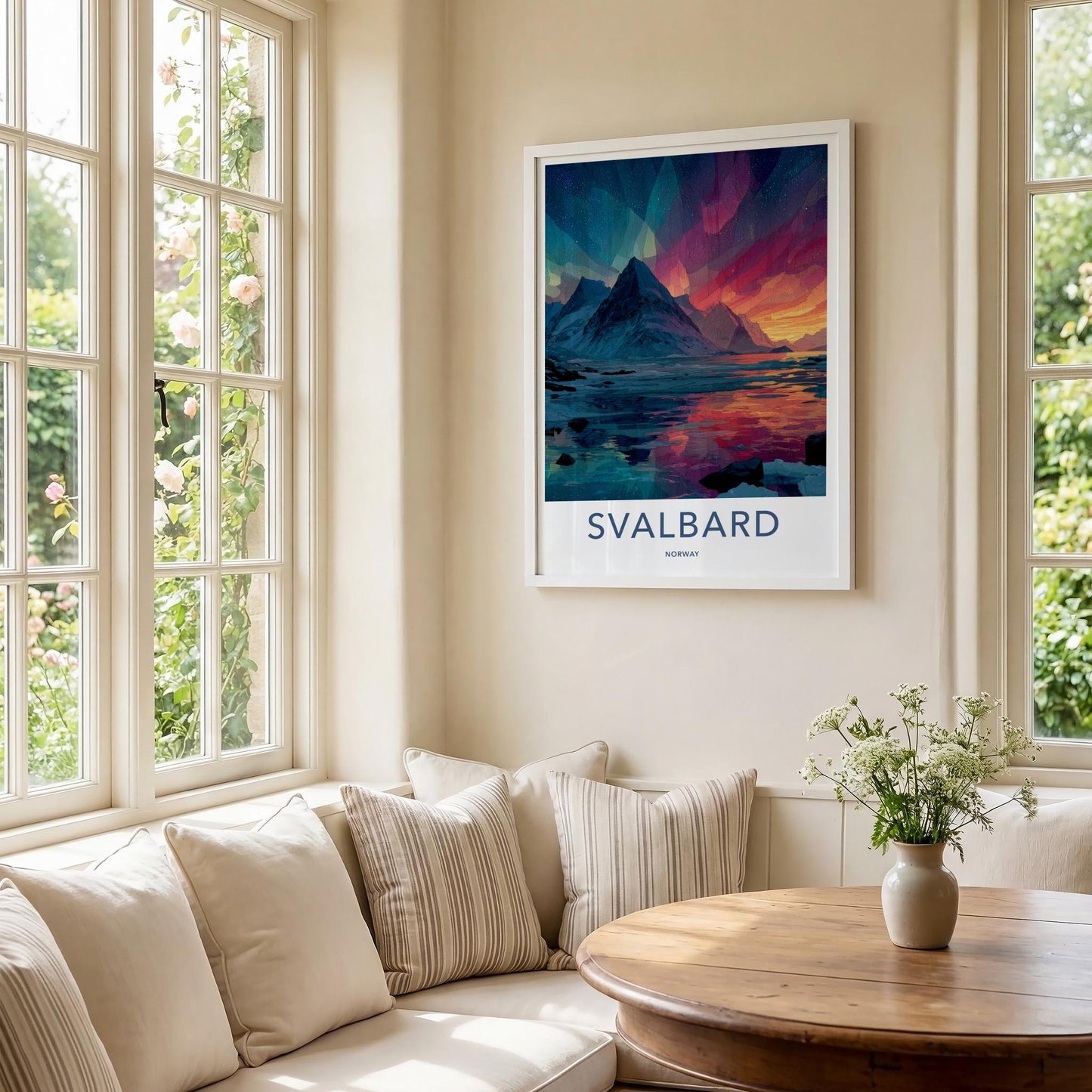 Svalbard Poster - Norway Travel Art - Vibrant Aurora Mountains Home Decor