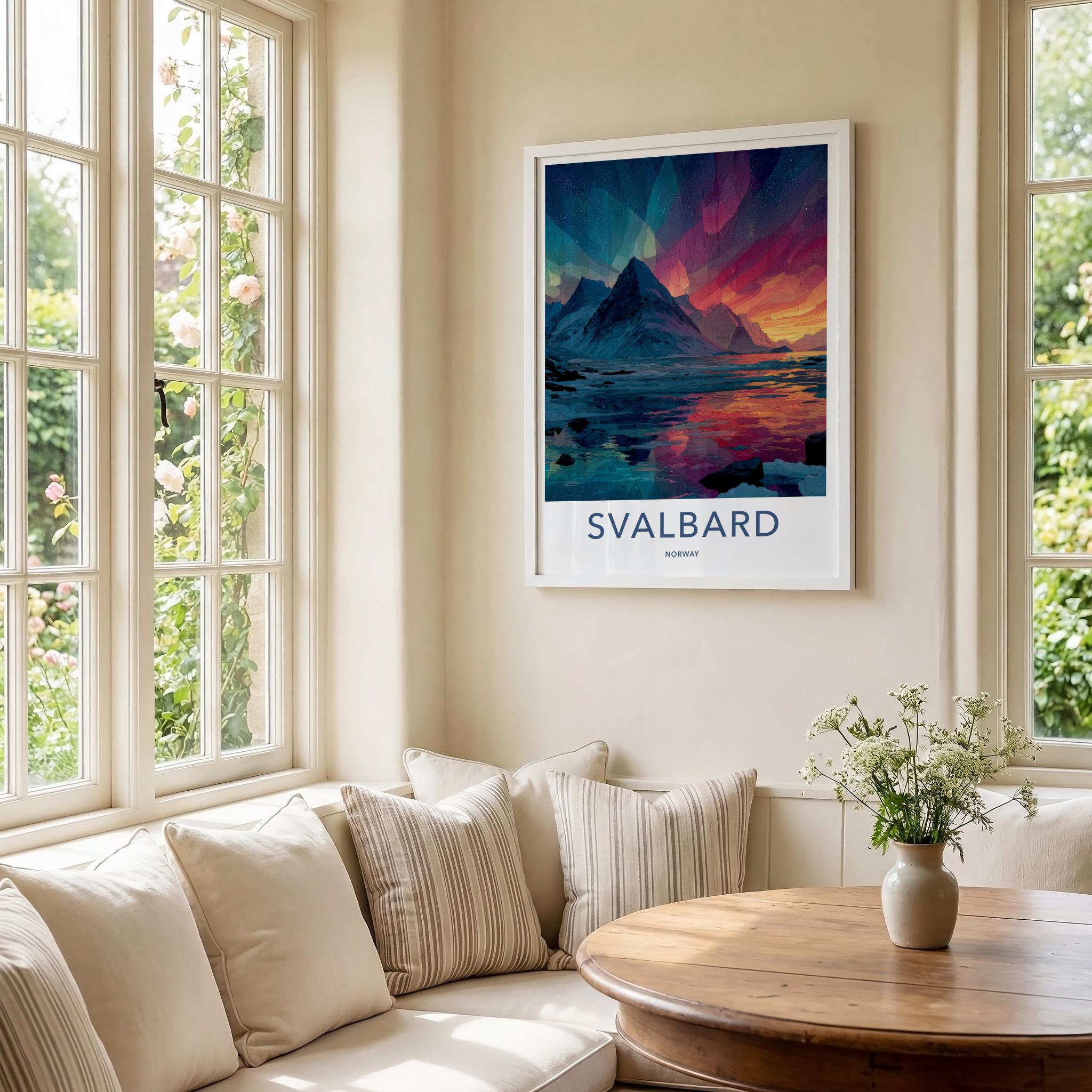 Svalbard Poster - Norway Travel Art - Vibrant Aurora Mountains Home Decor