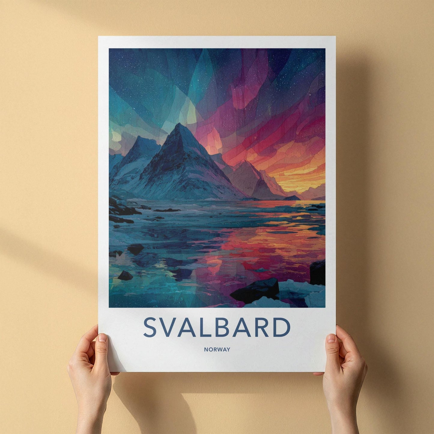 Svalbard Poster - Norway Travel Art - Vibrant Aurora Mountains Home Decor