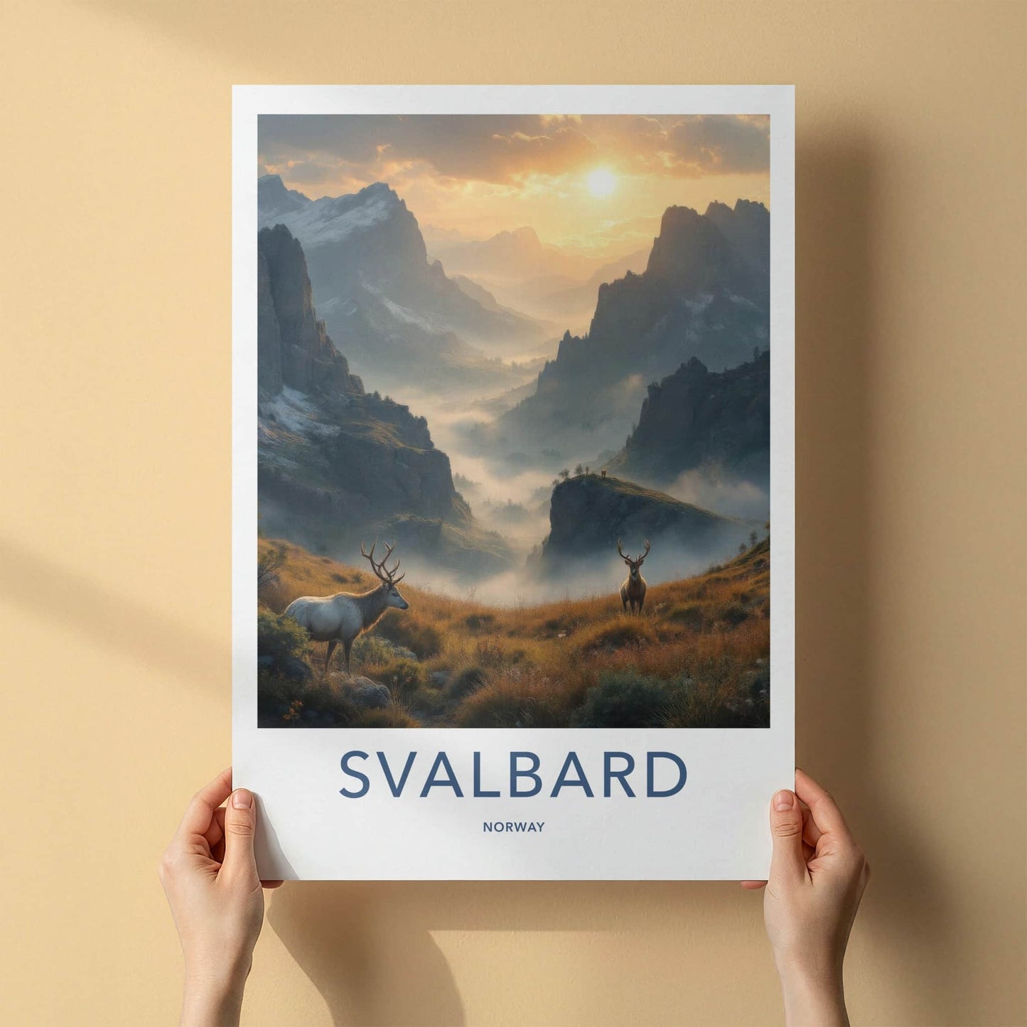 Svalbard Poster - Norway Travel Print - Sunrise Mountain Elk Gift