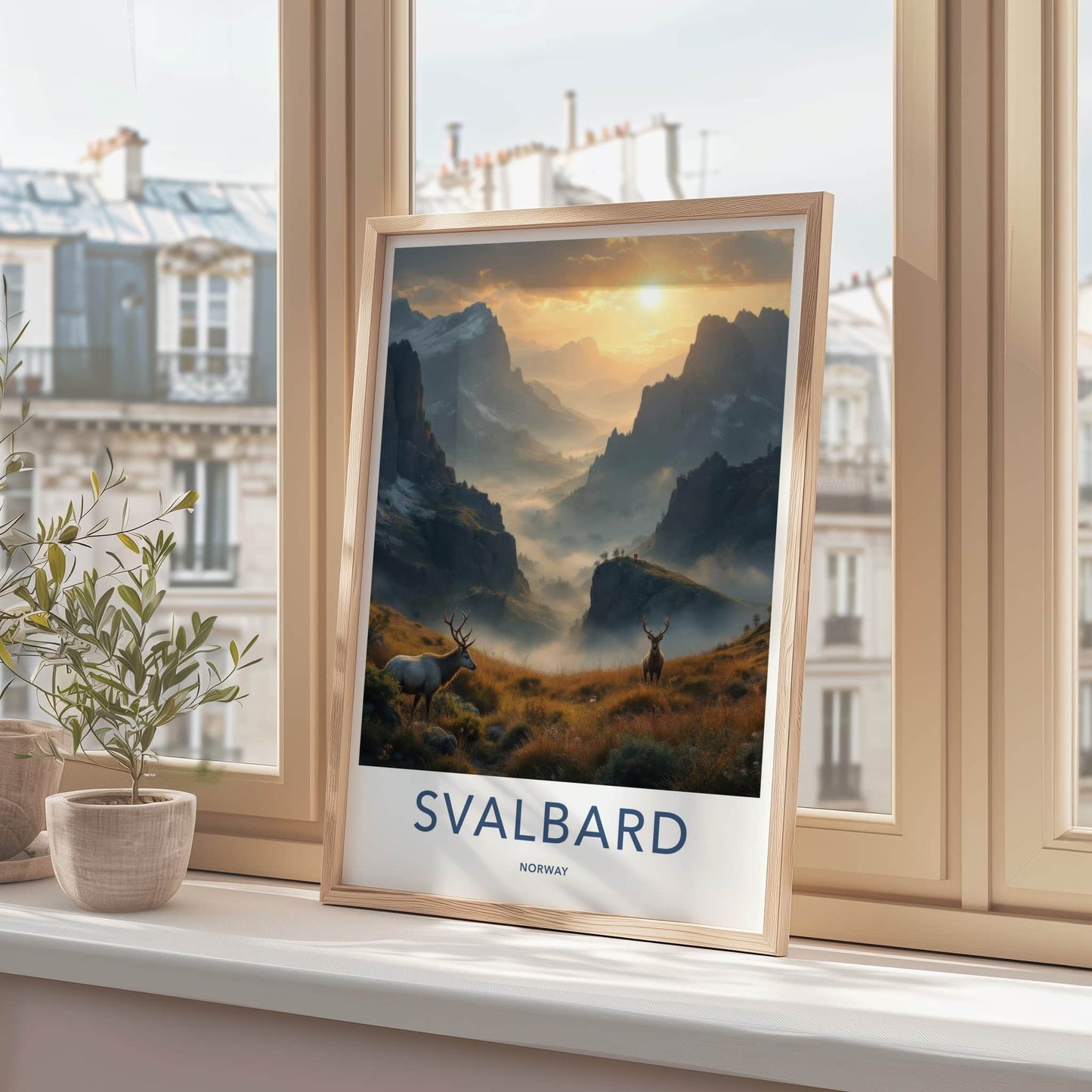 Svalbard Poster - Norway Travel Print - Sunrise Mountain Elk Gift