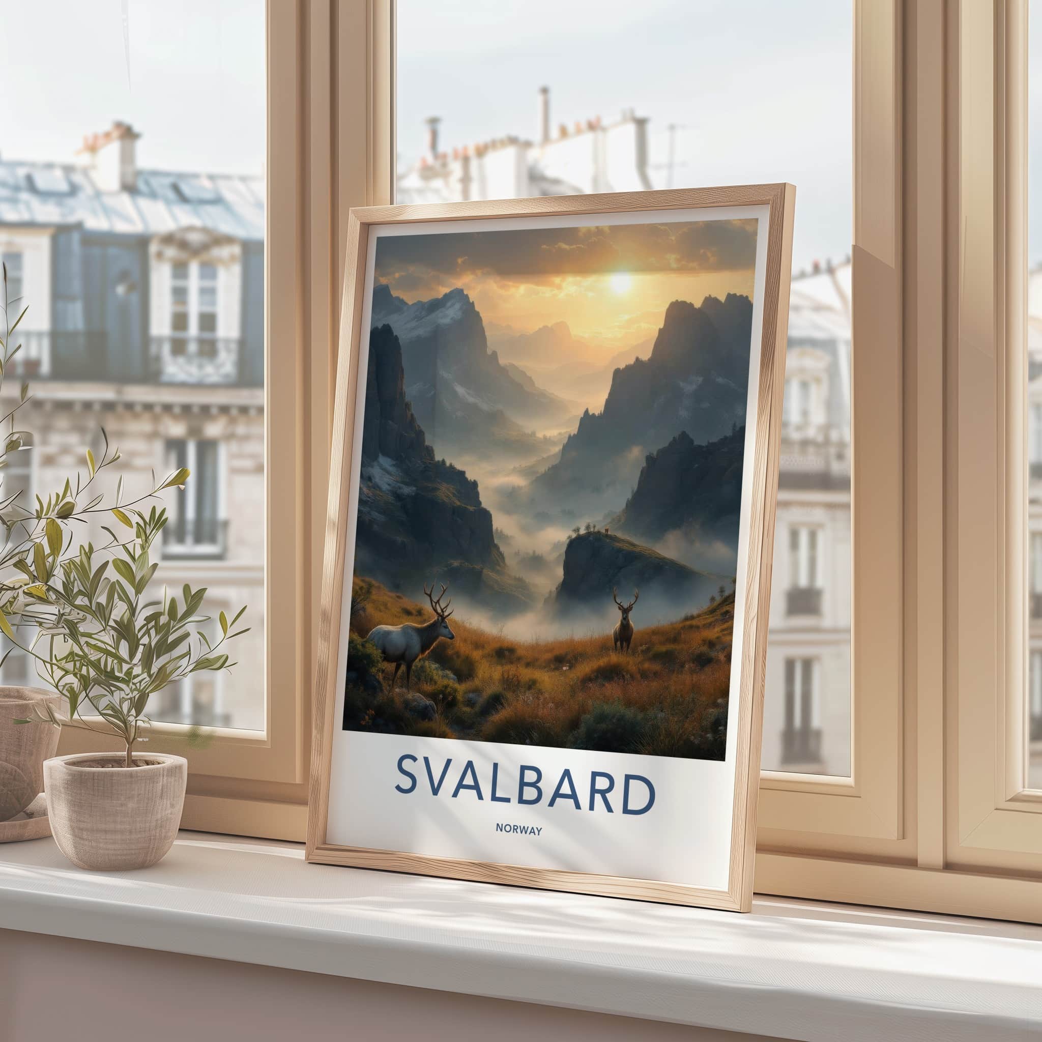 Svalbard Poster - Norway Travel Print - Sunrise Mountain Elk Gift