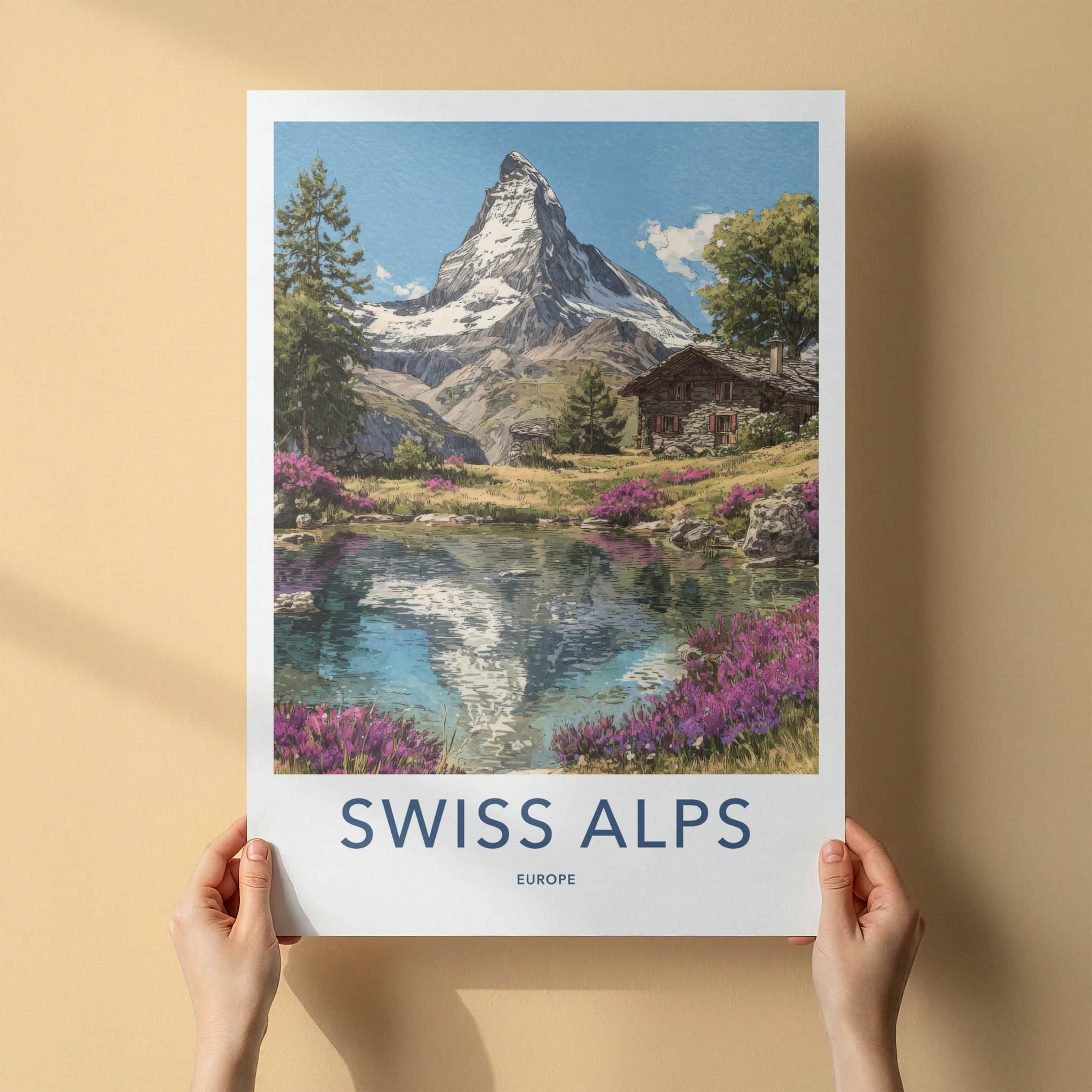 Swiss Alps Poster - Switzerland Travel Art - Mountain Reflection Home Decor