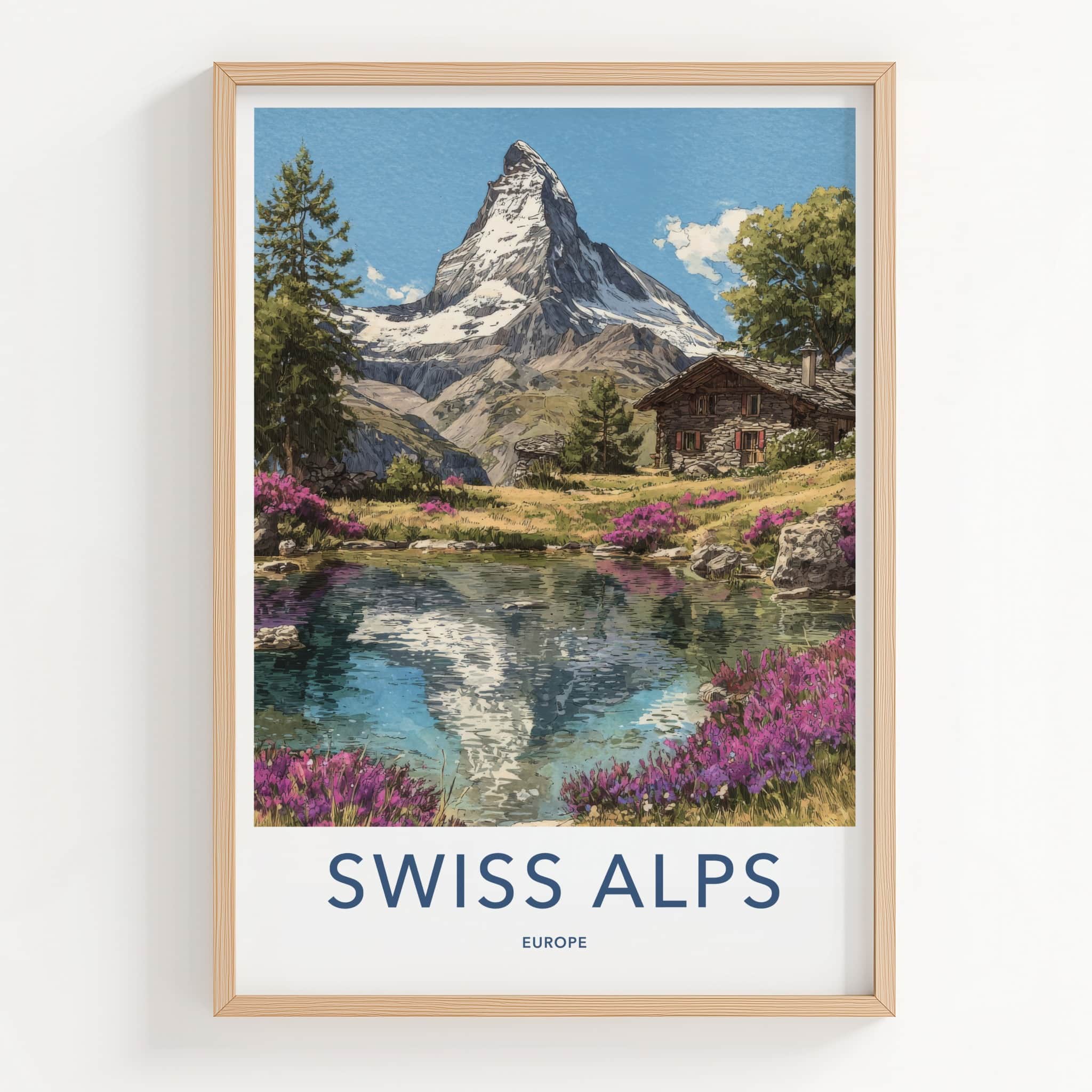 Swiss Alps Poster - Switzerland Travel Art - Mountain Reflection Home Decor