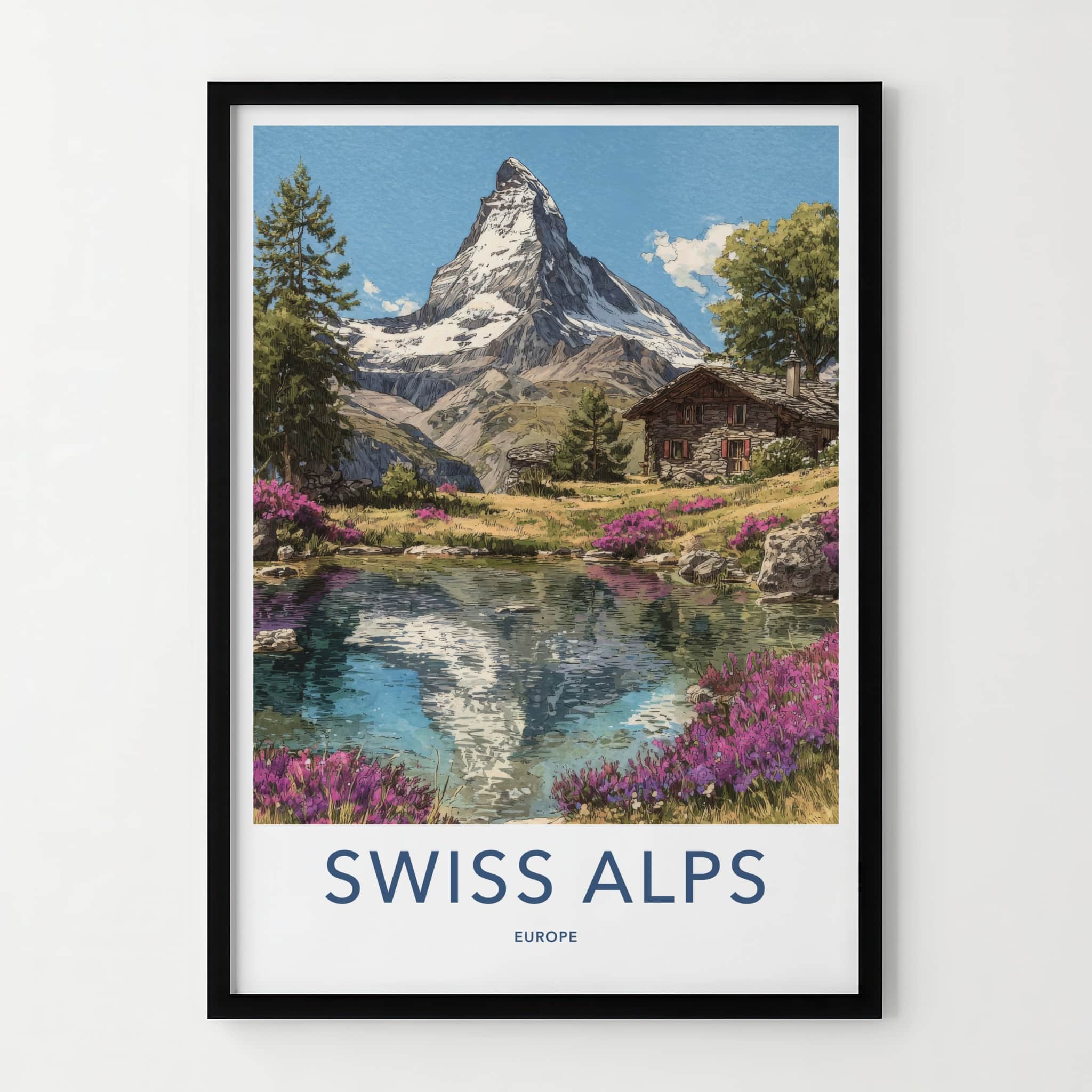 Swiss Alps Poster - Switzerland Travel Art - Mountain Reflection Home Decor