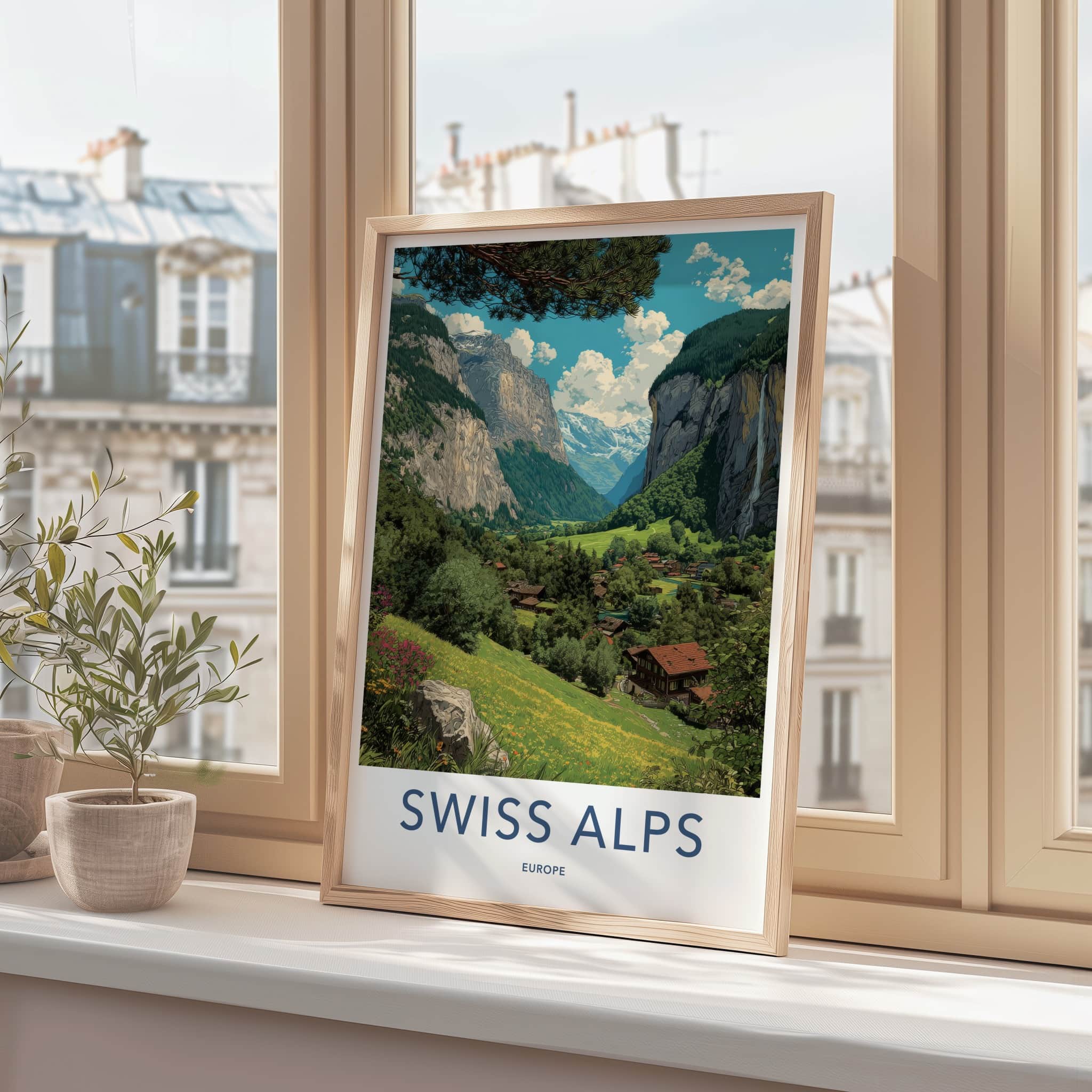 Swiss Alps Poster - Switzerland Travel Art - Mountain Valley Village Home Decor