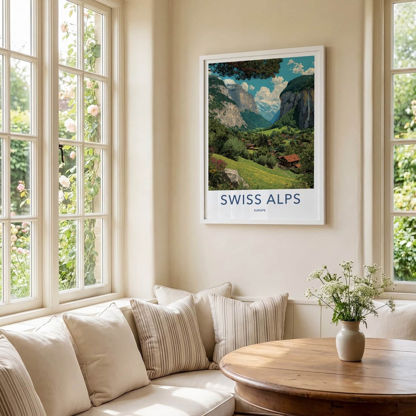 Swiss Alps Poster - Switzerland Travel Art - Mountain Valley Village Home Decor