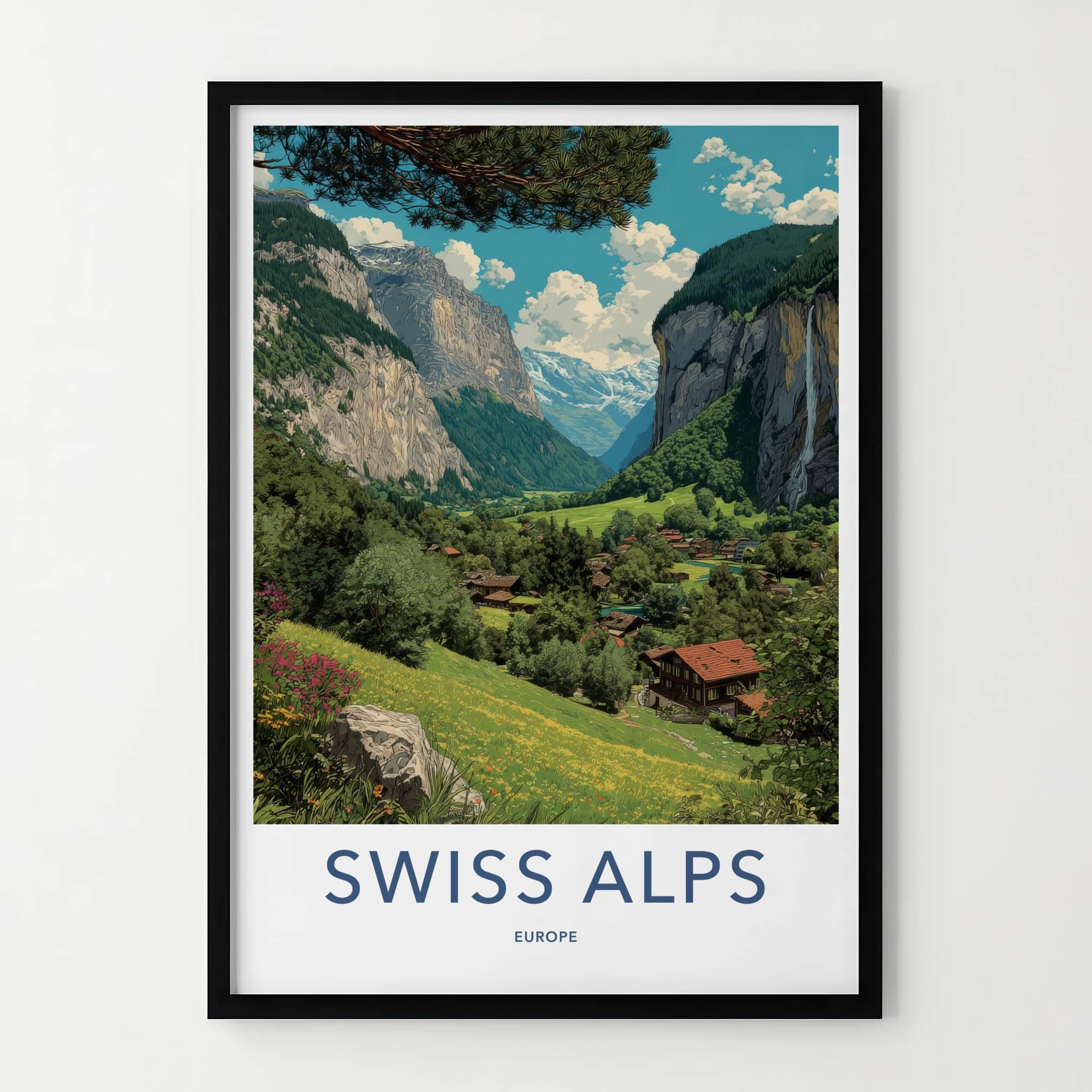 Swiss Alps Poster - Switzerland Travel Art - Mountain Valley Village Home Decor