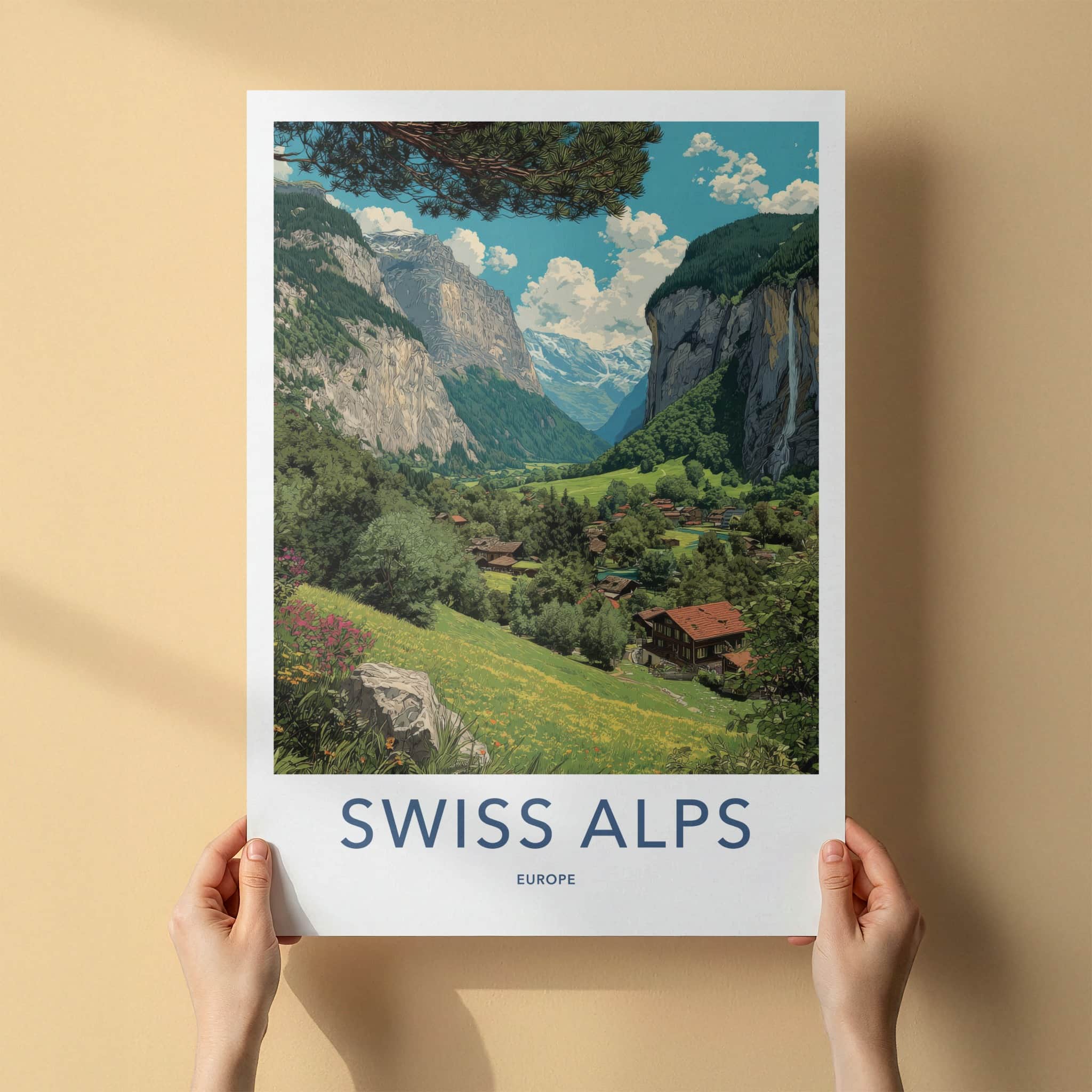 Swiss Alps Poster - Switzerland Travel Art - Mountain Valley Village Home Decor