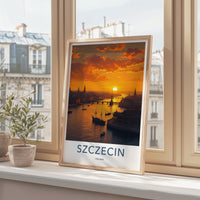 Szczecin Poster - Poland Travel Art - Cityscape River Sunset Wall Decor
