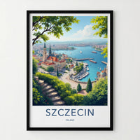 Szczecin Poster - Poland Travel Art - Historic Riverfront Panorama Home Decor