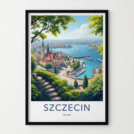 Szczecin Poster - Poland Travel Art - Historic Riverfront Panorama Home Decor