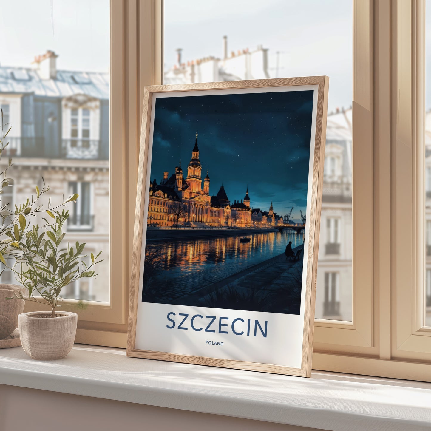 Szczecin Poster - Poland Travel Art - Illuminated City Waterfront Home Decor