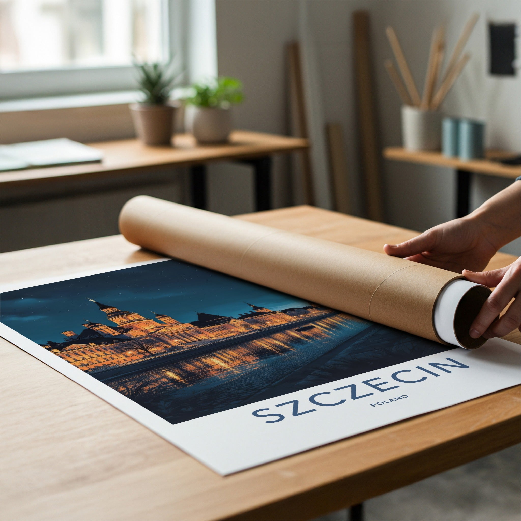 Szczecin Poster - Poland Travel Art - Illuminated City Waterfront Home Decor