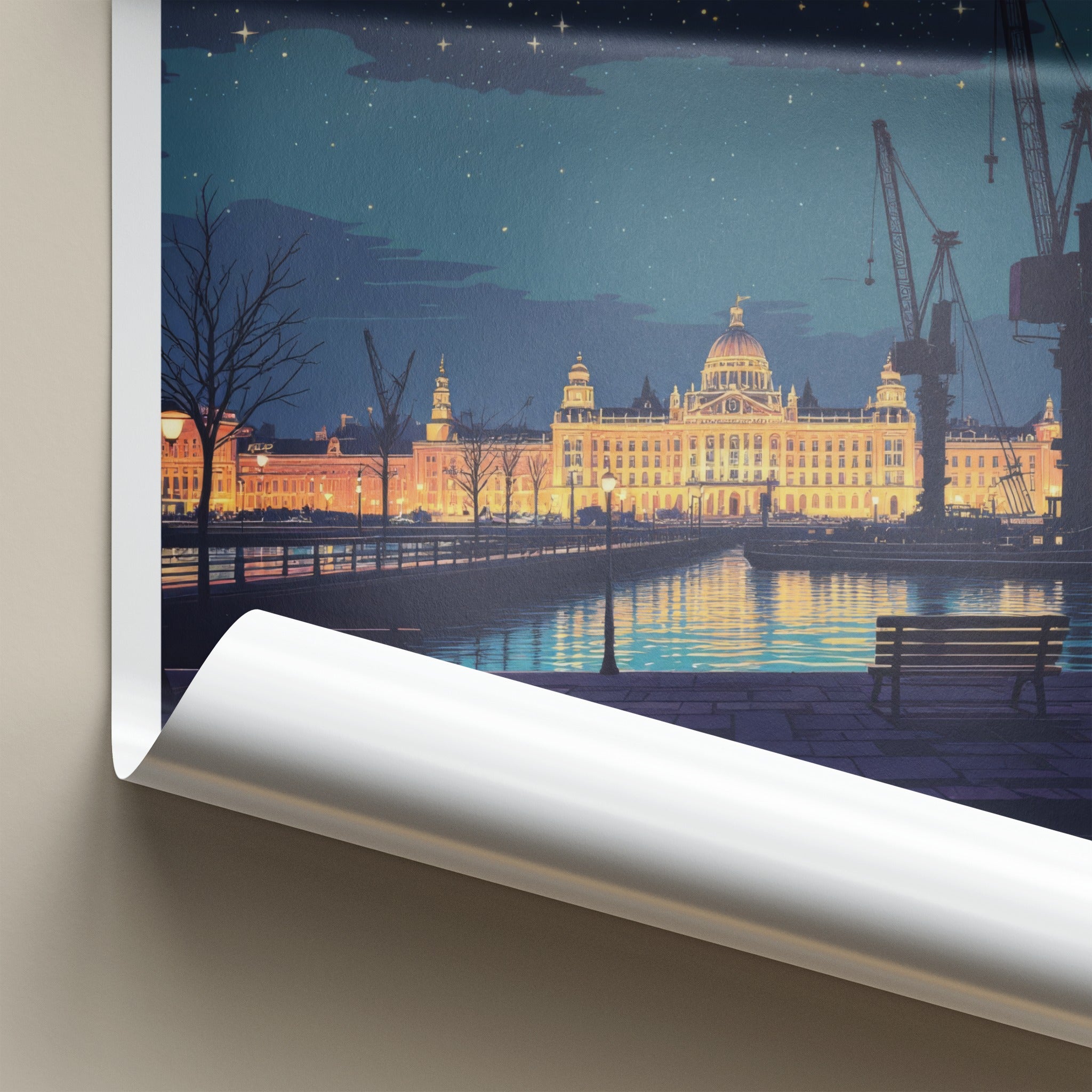 Szczecin Poster - Poland Travel Art - Illuminated Grand Building Home Decor
