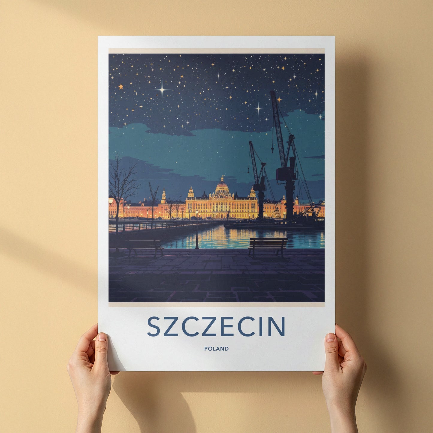 Szczecin Poster - Poland Travel Art - Illuminated Grand Building Home Decor