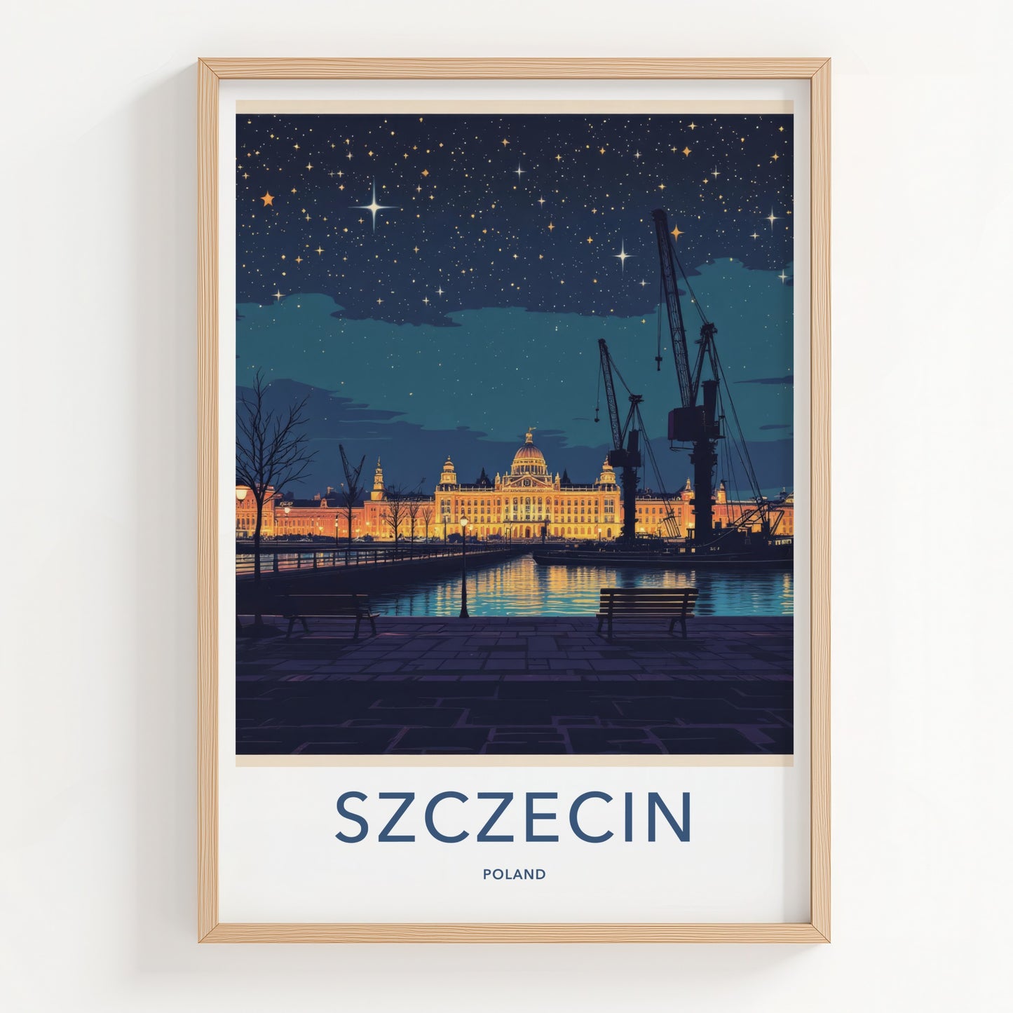 Szczecin Poster - Poland Travel Art - Illuminated Grand Building Home Decor