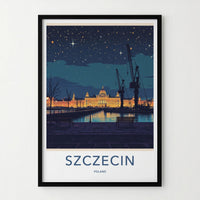 Szczecin Poster - Poland Travel Art - Illuminated Grand Building Home Decor