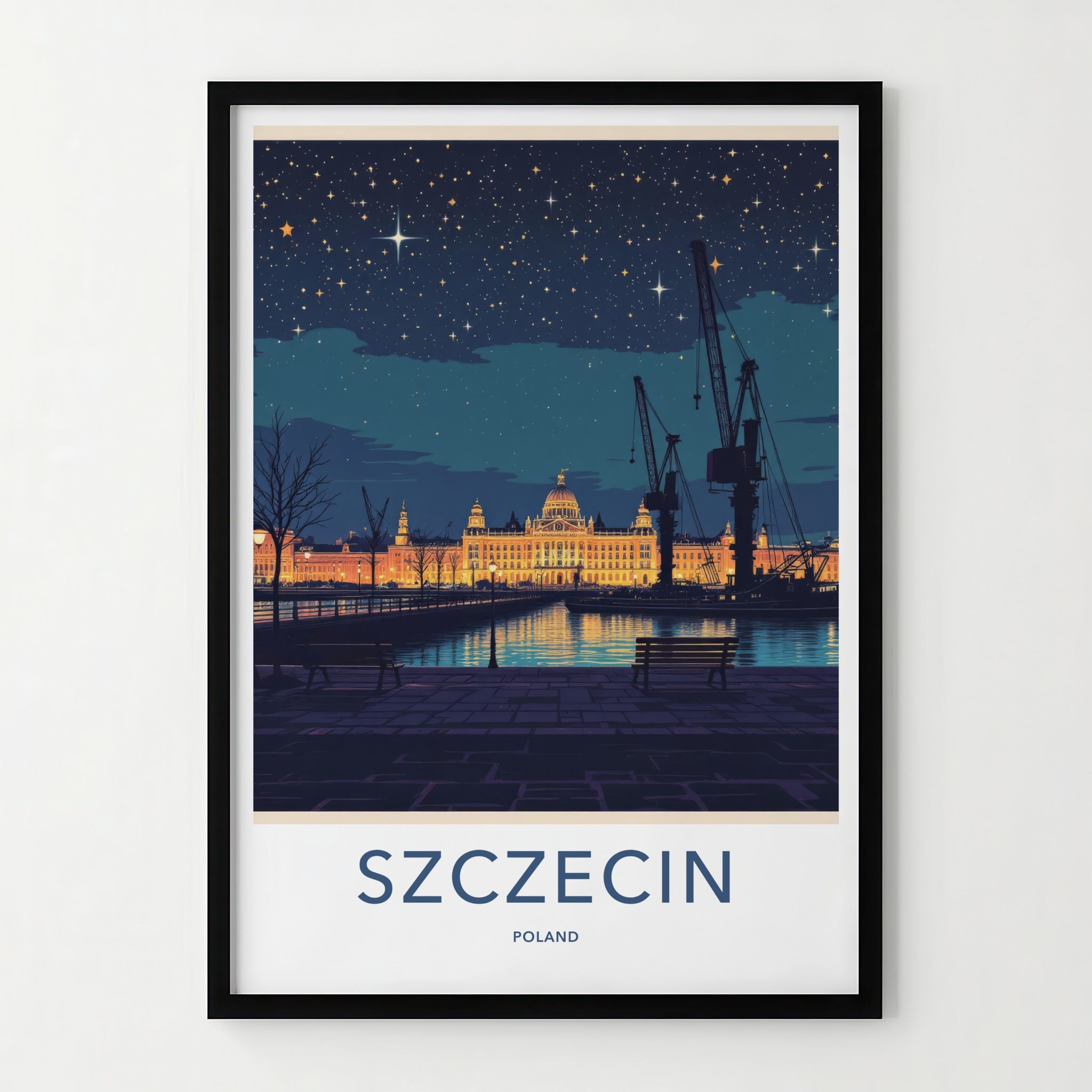 Szczecin Poster - Poland Travel Art - Illuminated Grand Building Home Decor