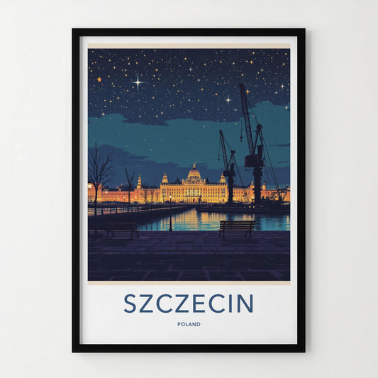 Szczecin Poster - Poland Travel Art - Illuminated Grand Building Home Decor