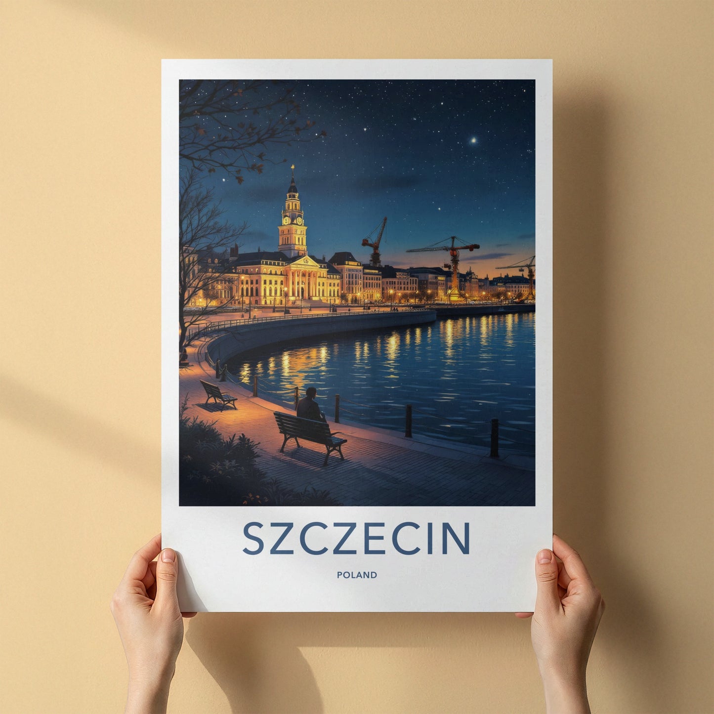 Szczecin Poster - Poland Travel Art - Starry Night Riverfront Home Decor