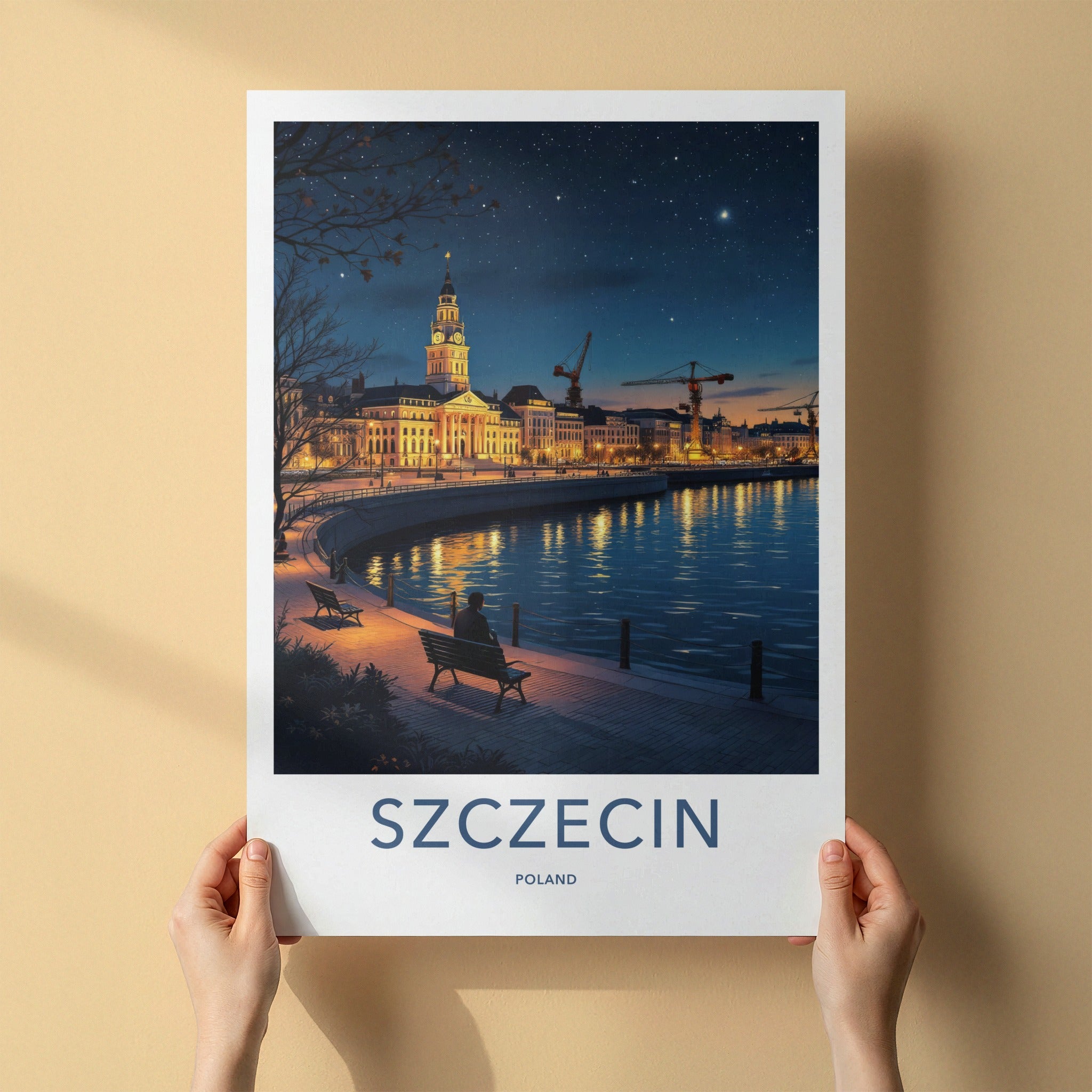 Szczecin Poster - Poland Travel Art - Starry Night Riverfront Home Decor