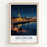 Szczecin Poster - Poland Travel Art - Starry Night Riverfront Home Decor