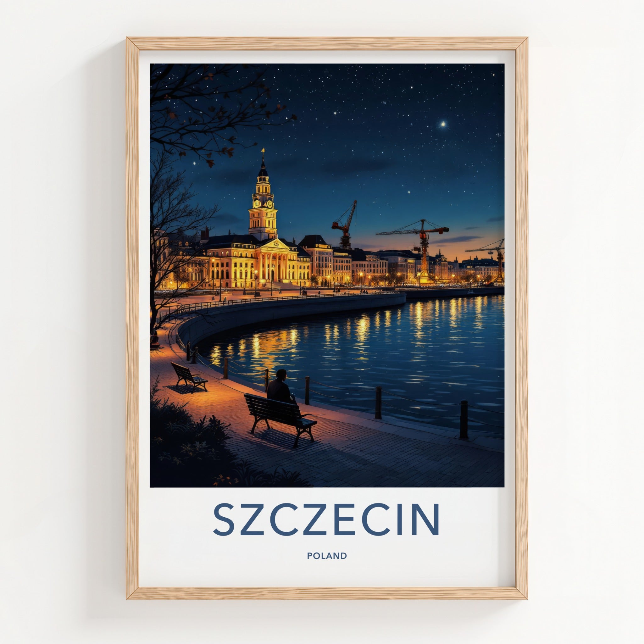 Szczecin Poster - Poland Travel Art - Starry Night Riverfront Home Decor