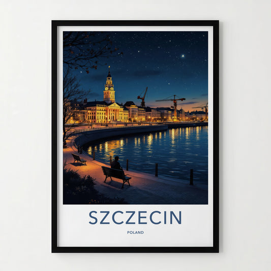 Szczecin Poster - Poland Travel Art - Starry Night Riverfront Home Decor