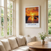 SZCZECIN Poster - Poland Travel Art - Vibrant Sunset Harbor Wall Decor