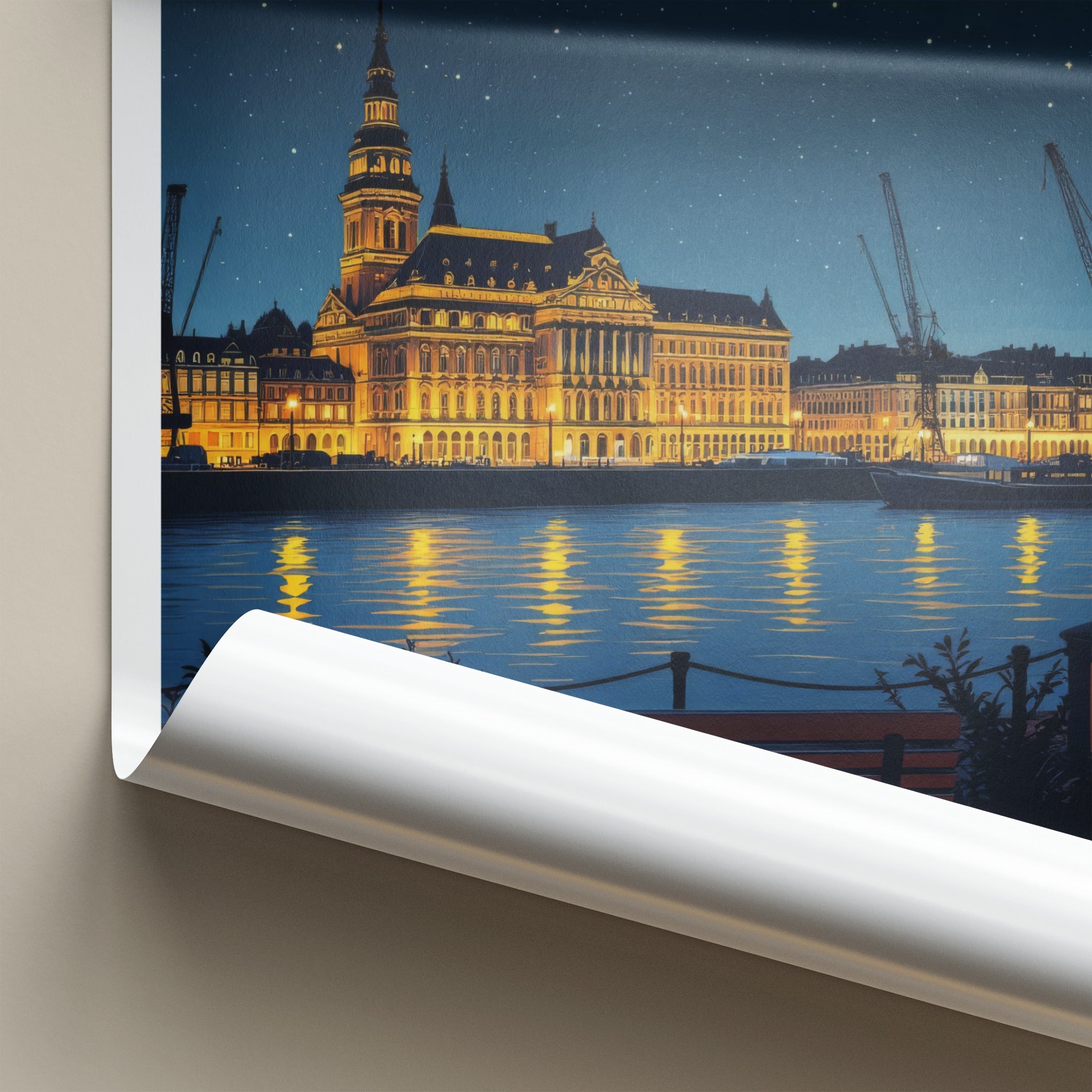 Szczecin Poster - Poland Travel Print - Illuminated Cityscape River Home Decor