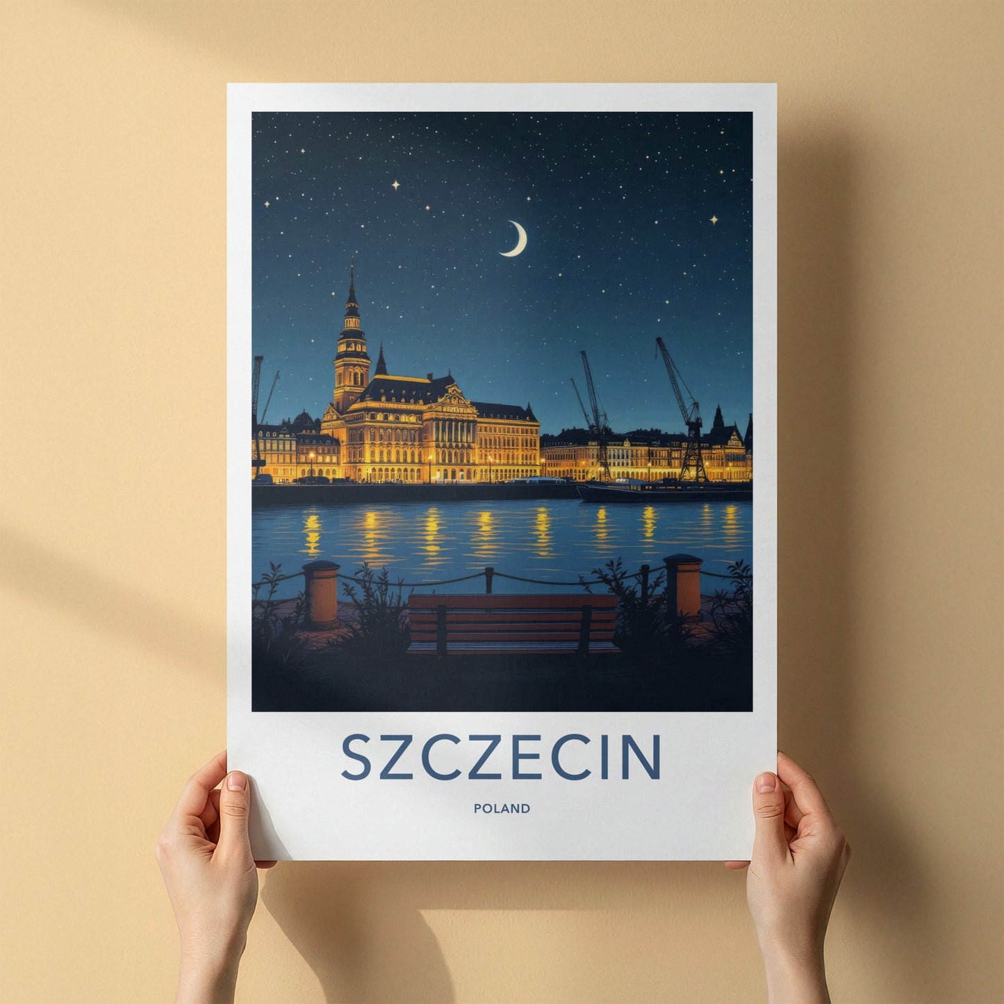 Szczecin Poster - Poland Travel Print - Illuminated Cityscape River Home Decor