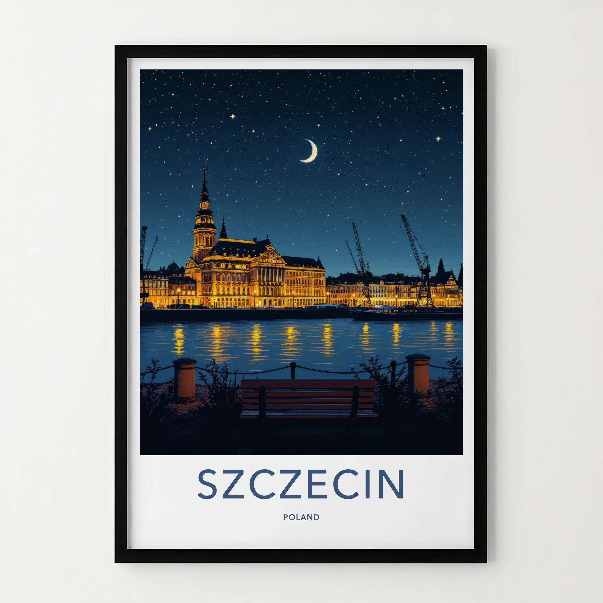 Szczecin Poster - Poland Travel Print - Illuminated Cityscape River Home Decor