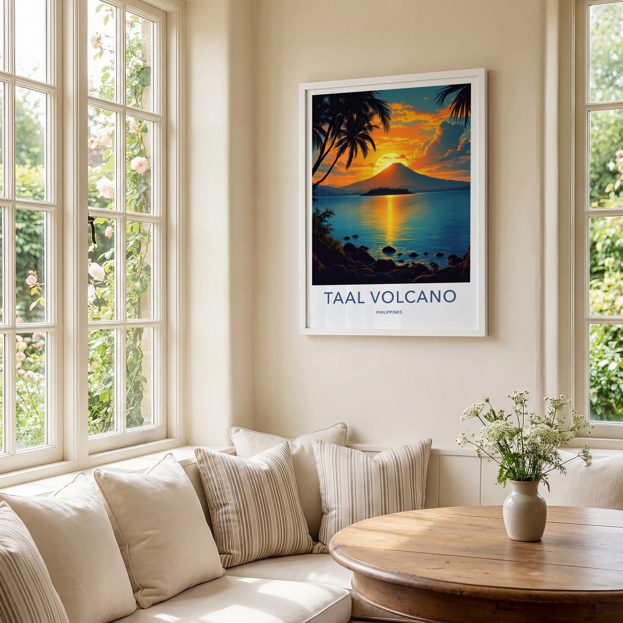 Taal Volcano Poster - Philippines Travel Print - Volcano Sunset Palms Home Decor