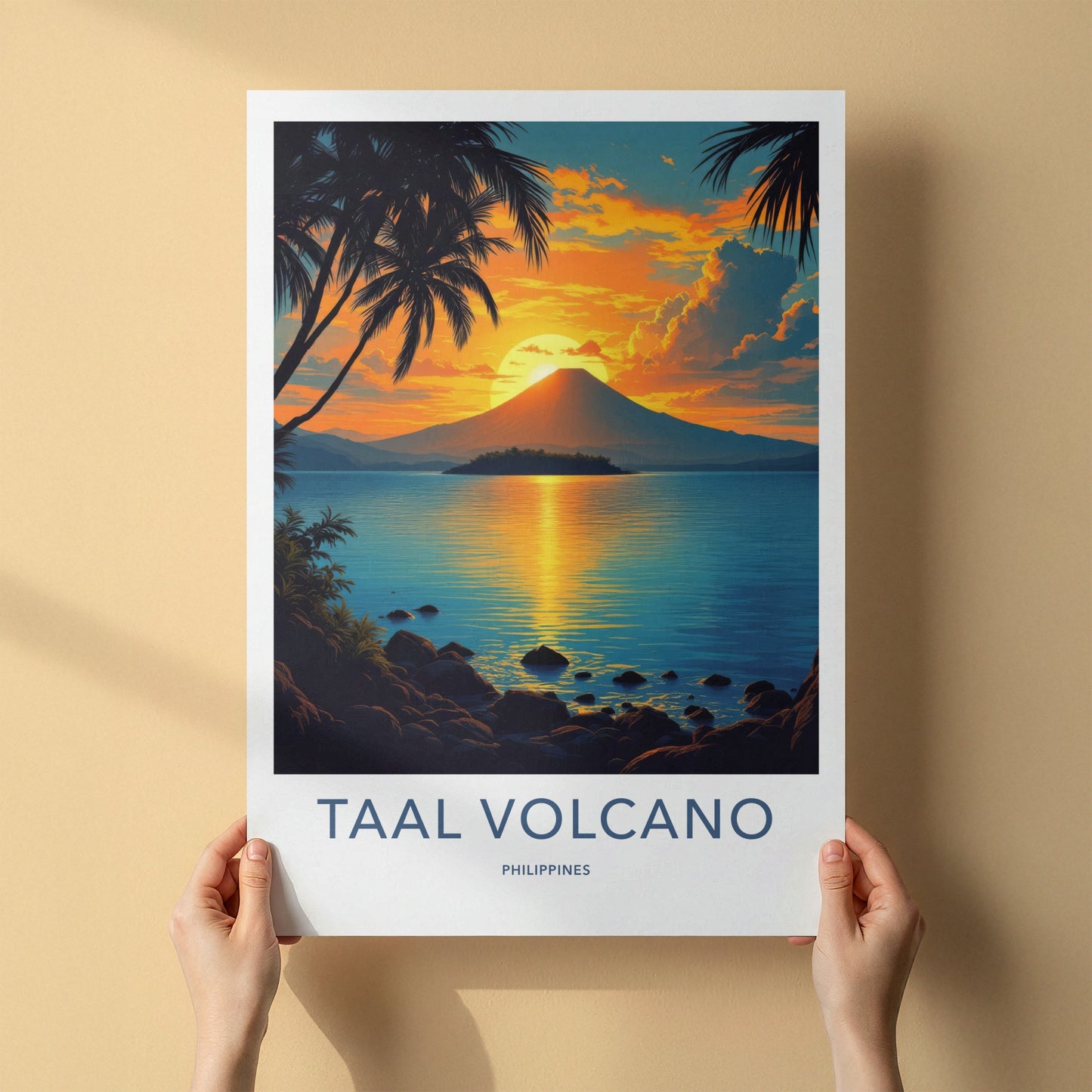 Taal Volcano Poster - Philippines Travel Print - Volcano Sunset Palms Home Decor