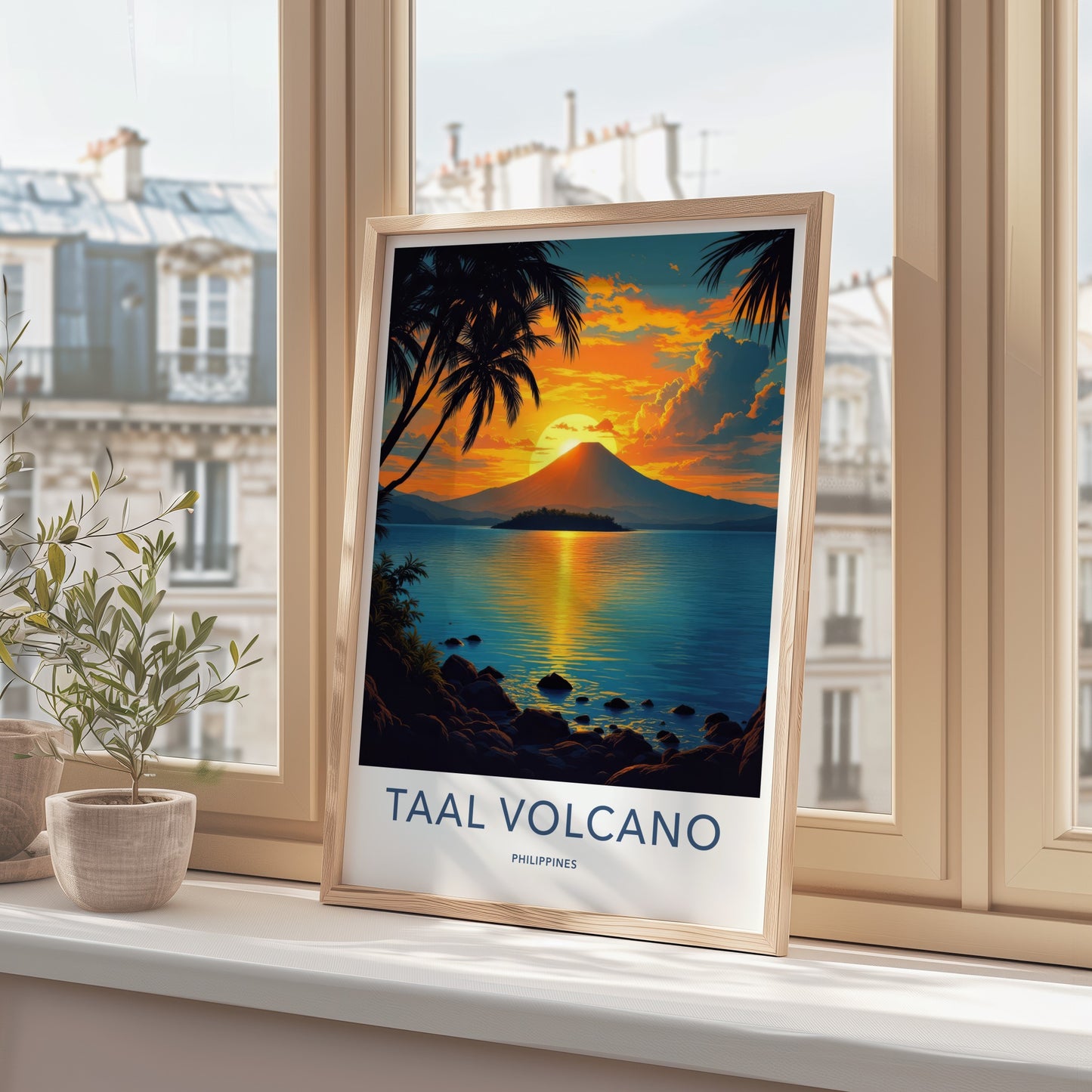Taal Volcano Poster - Philippines Travel Print - Volcano Sunset Palms Home Decor