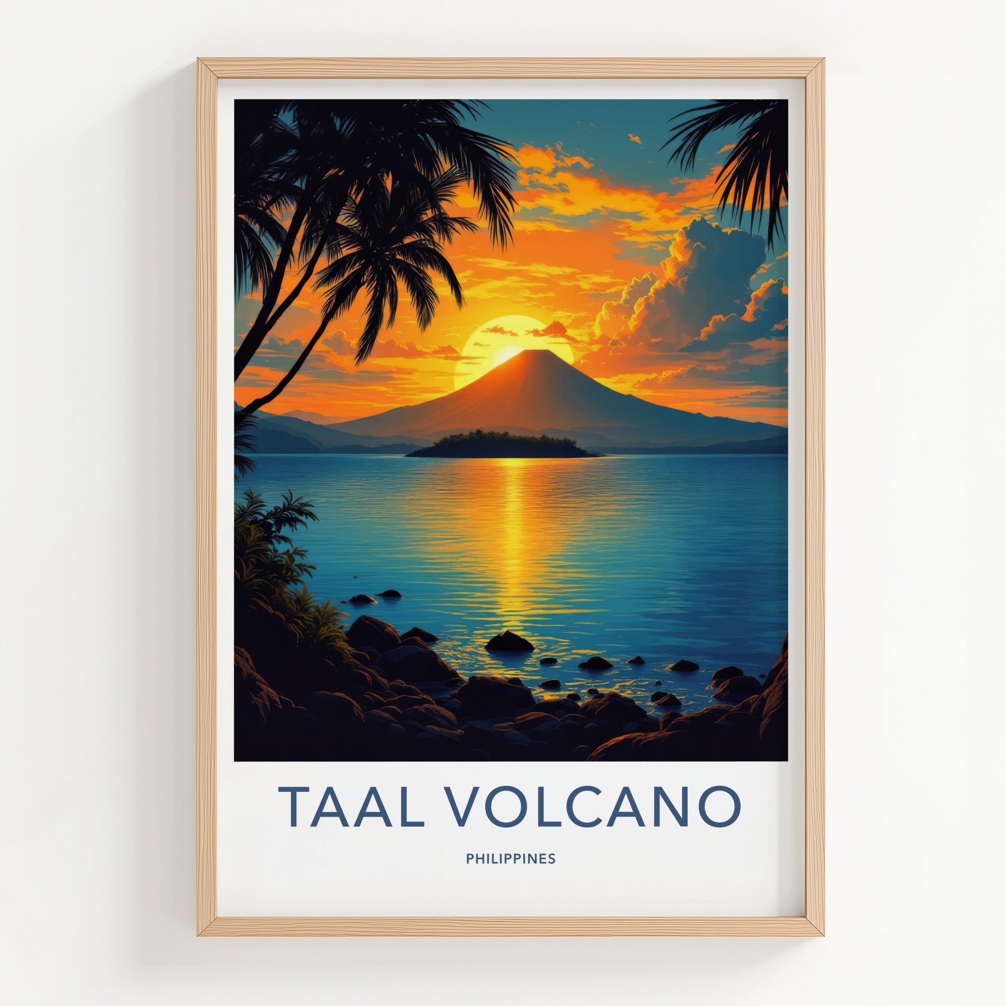 Taal Volcano Poster - Philippines Travel Print - Volcano Sunset Palms Home Decor