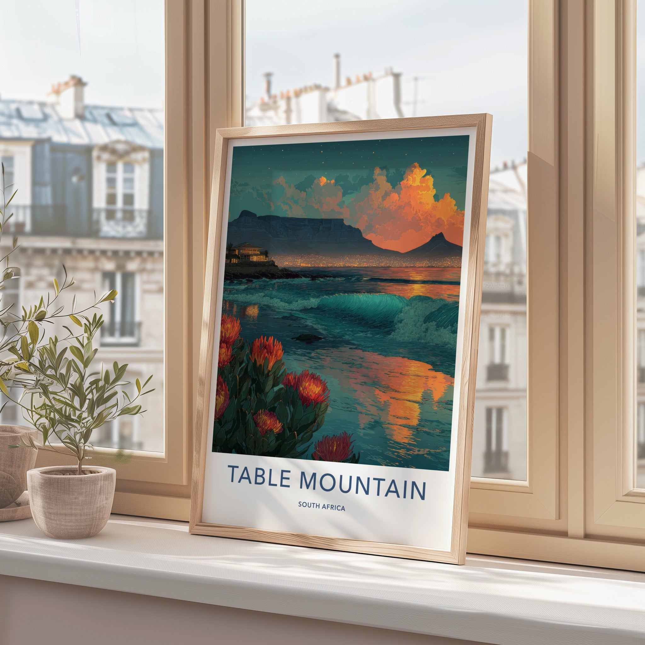 Table Mountain Poster - South Africa Sunset Kings Protea Wall Decor