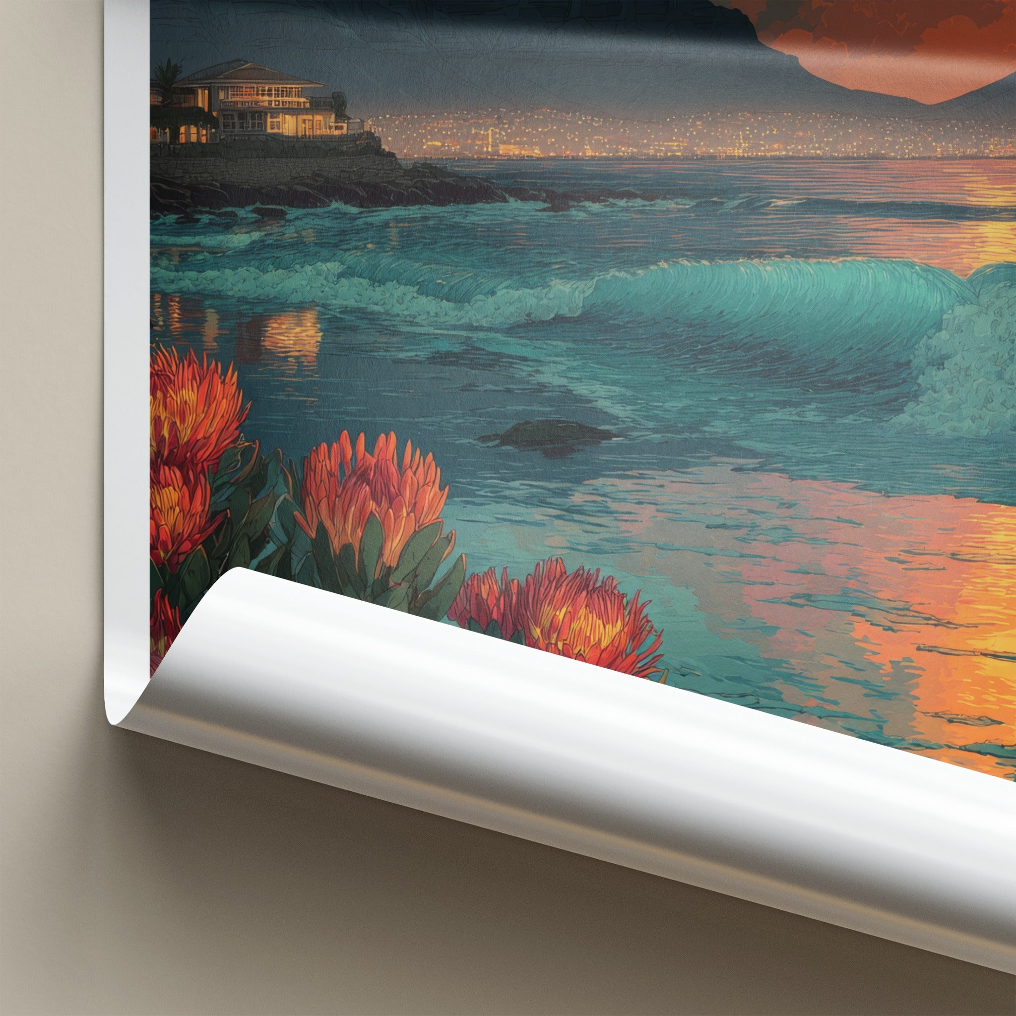 Table Mountain Poster - South Africa Sunset Kings Protea Wall Decor
