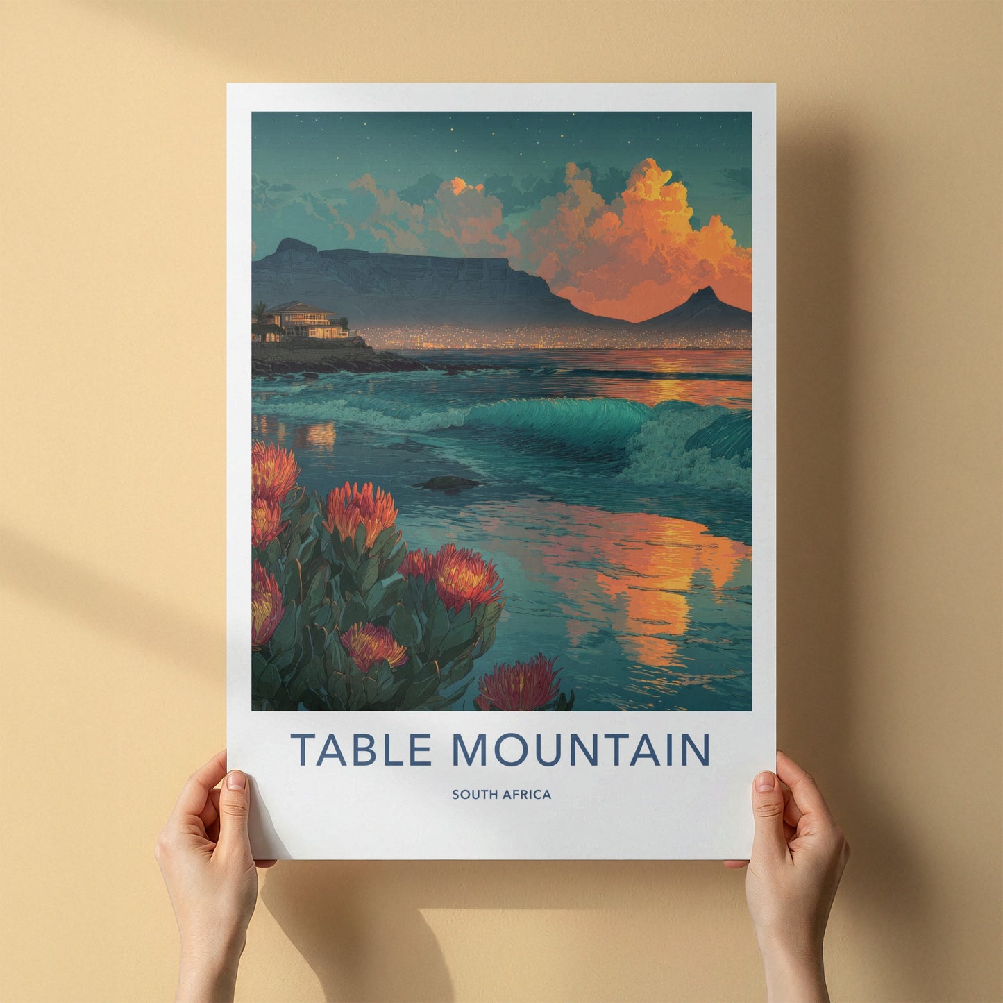 Table Mountain Poster - South Africa Sunset Kings Protea Wall Decor
