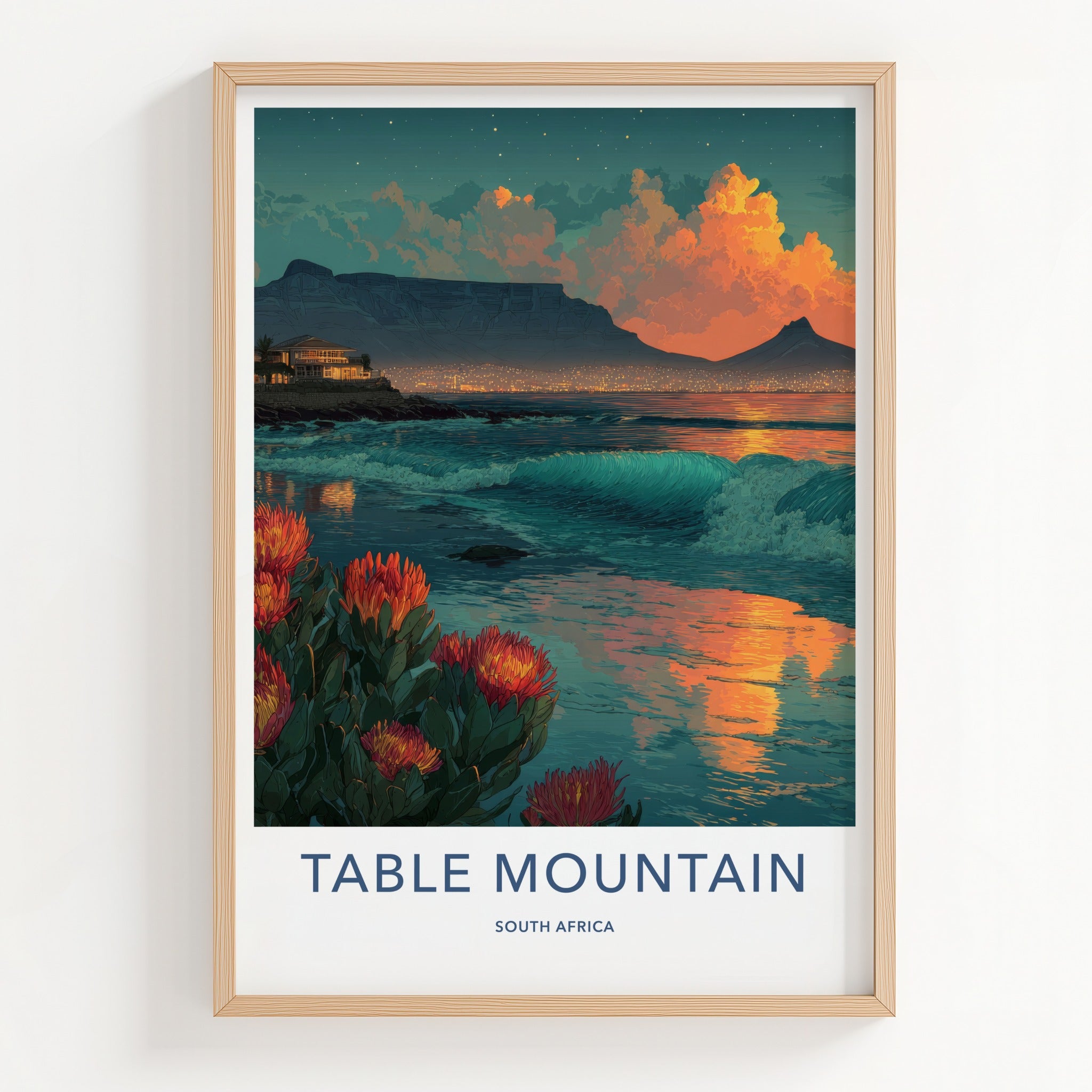 Table Mountain Poster - South Africa Sunset Kings Protea Wall Decor