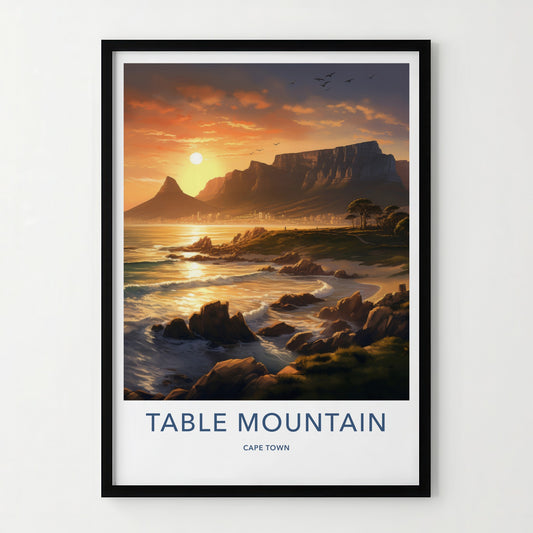 Table Mountain Poster - South Africa Travel Art - Coastal Mountain Sunset Home Decor