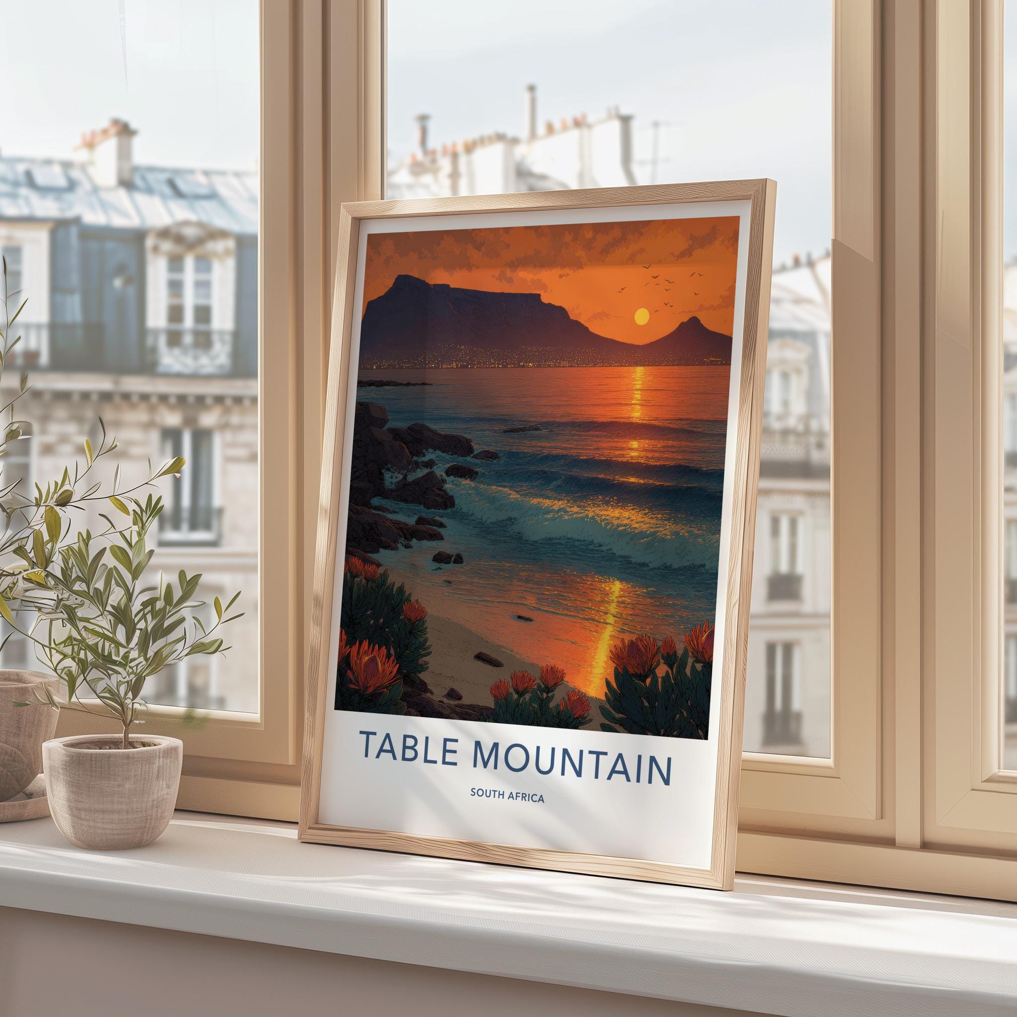 Table Mountain Poster - South Africa Travel Art - Coastal Protea Sunset Home Decor