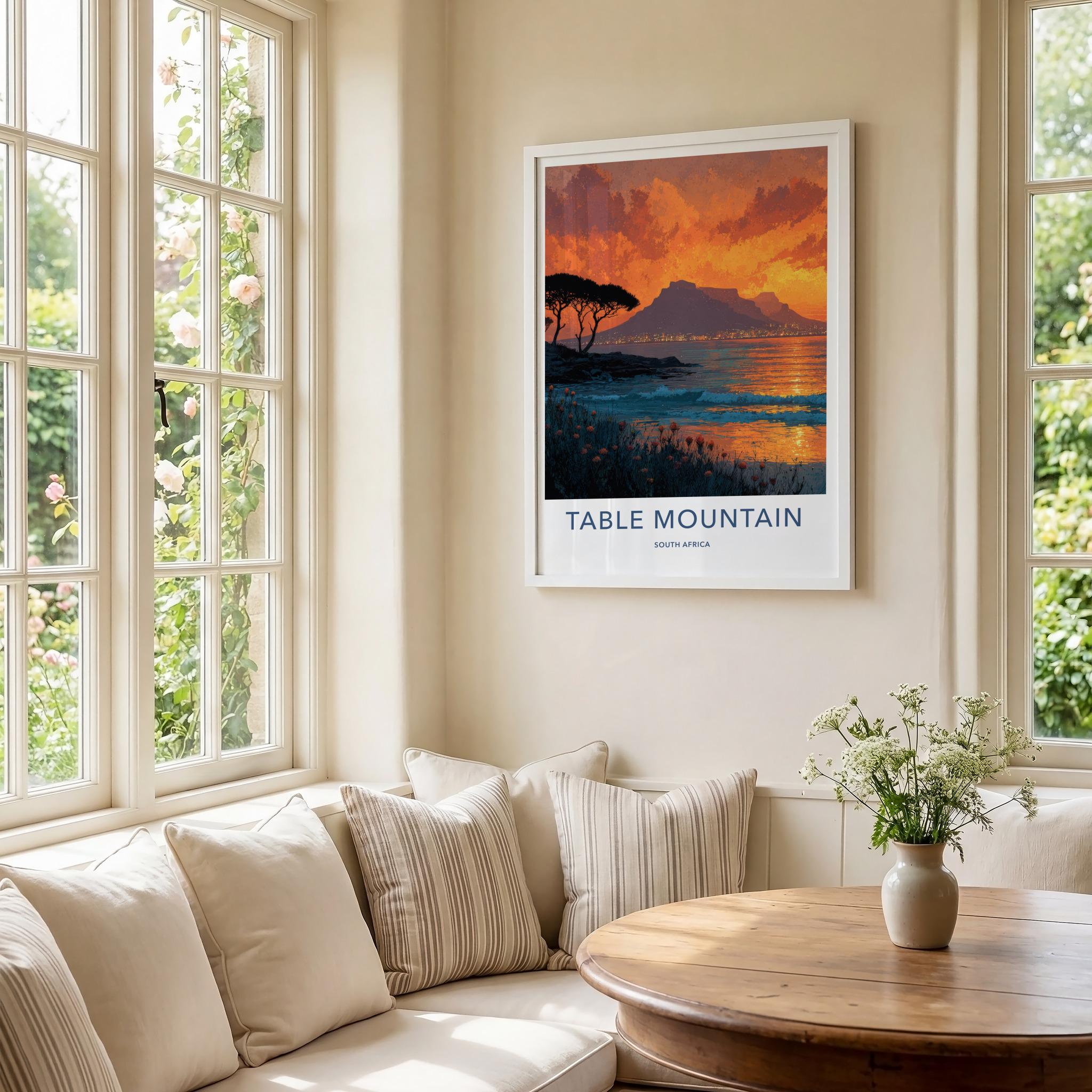 Table Mountain Poster - South Africa Travel Art - Mountain City Lights Home Decor