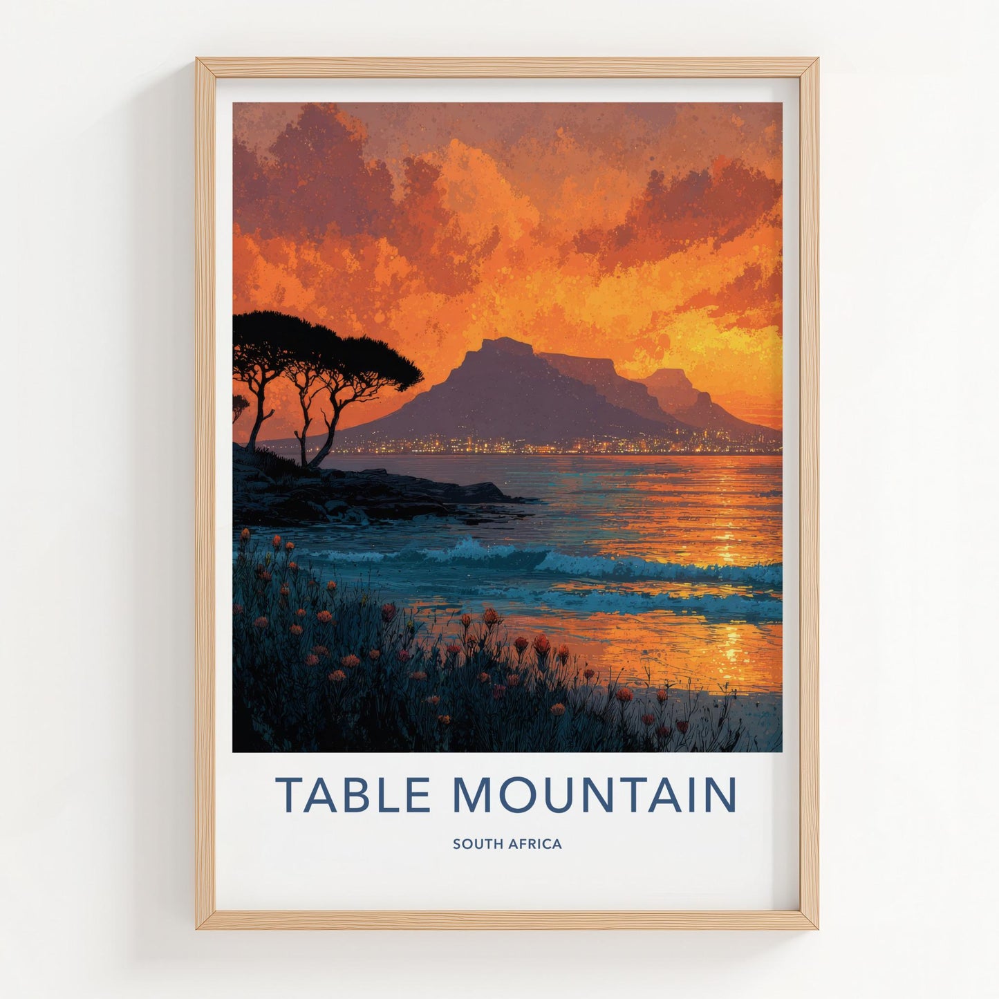 Table Mountain Poster - South Africa Travel Art - Mountain City Lights Home Decor