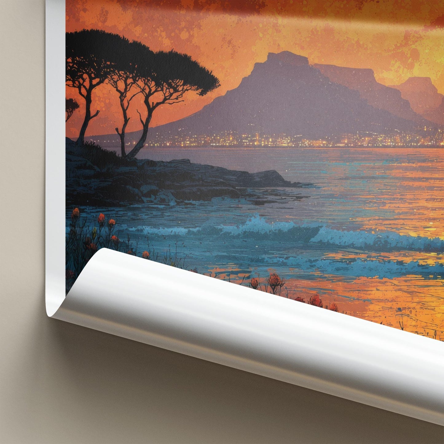 Table Mountain Poster - South Africa Travel Art - Mountain City Lights Home Decor